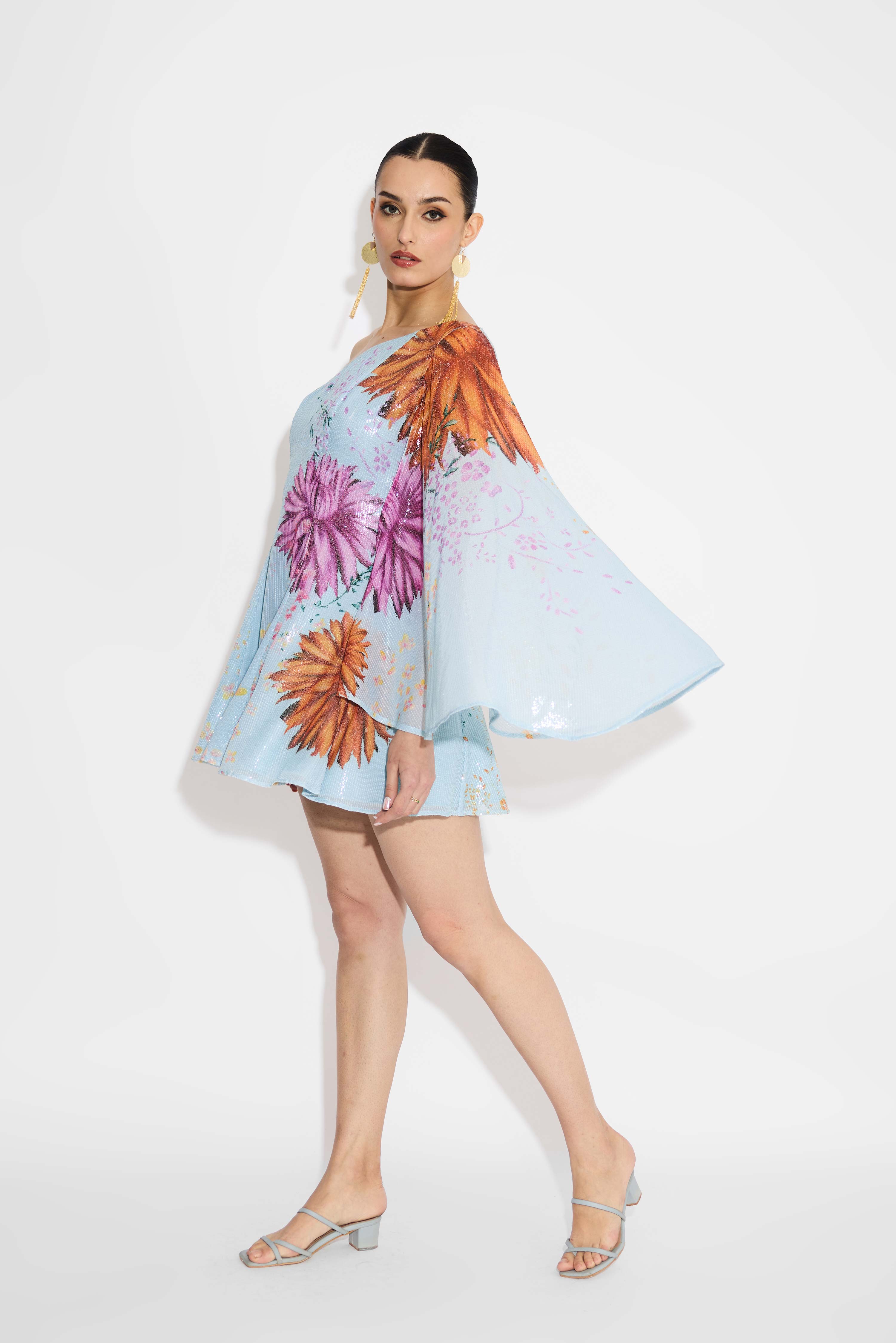 Floral One Shoulder Sequins Dress