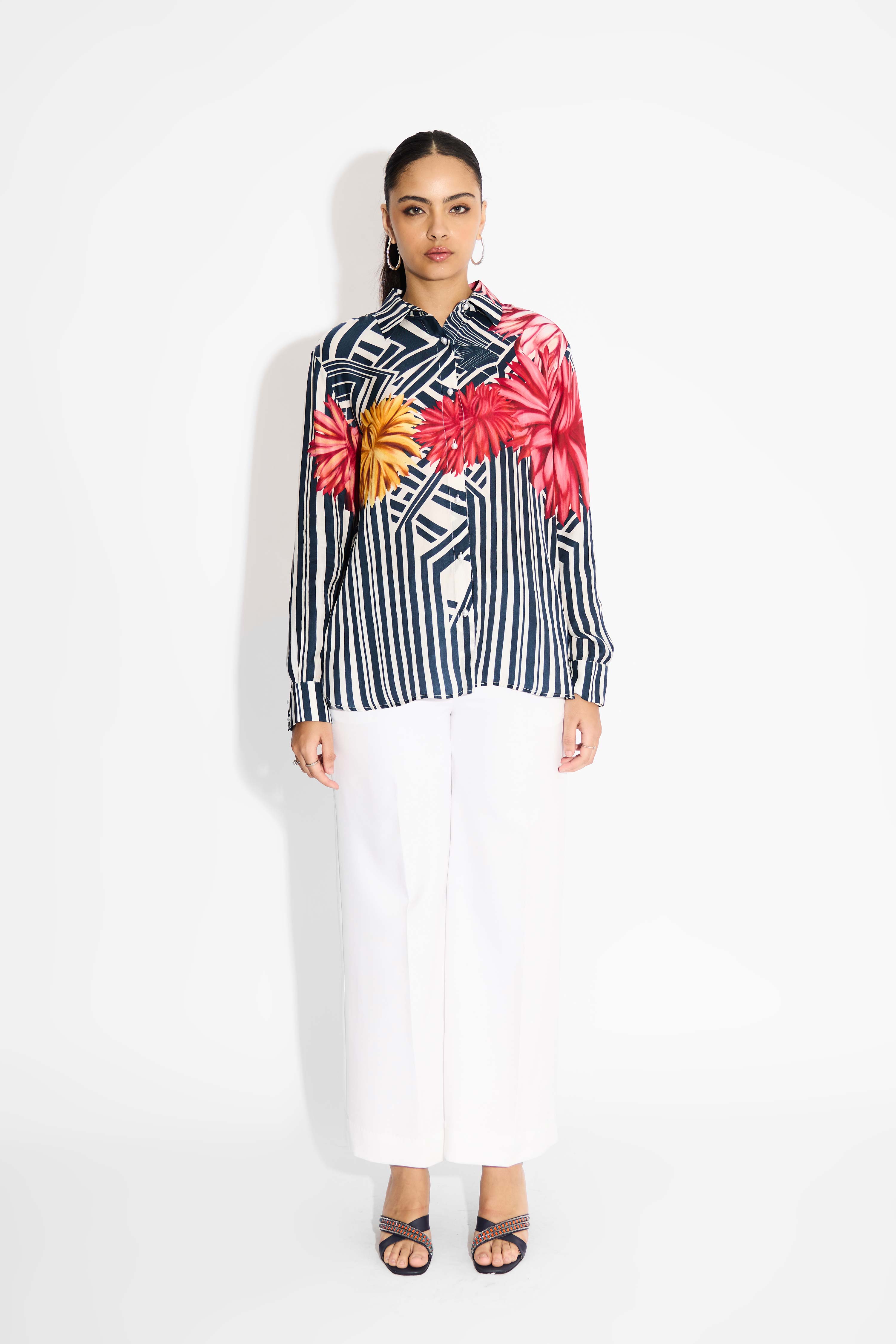 Oversized Floral & Blue Stripes High Low Shirt