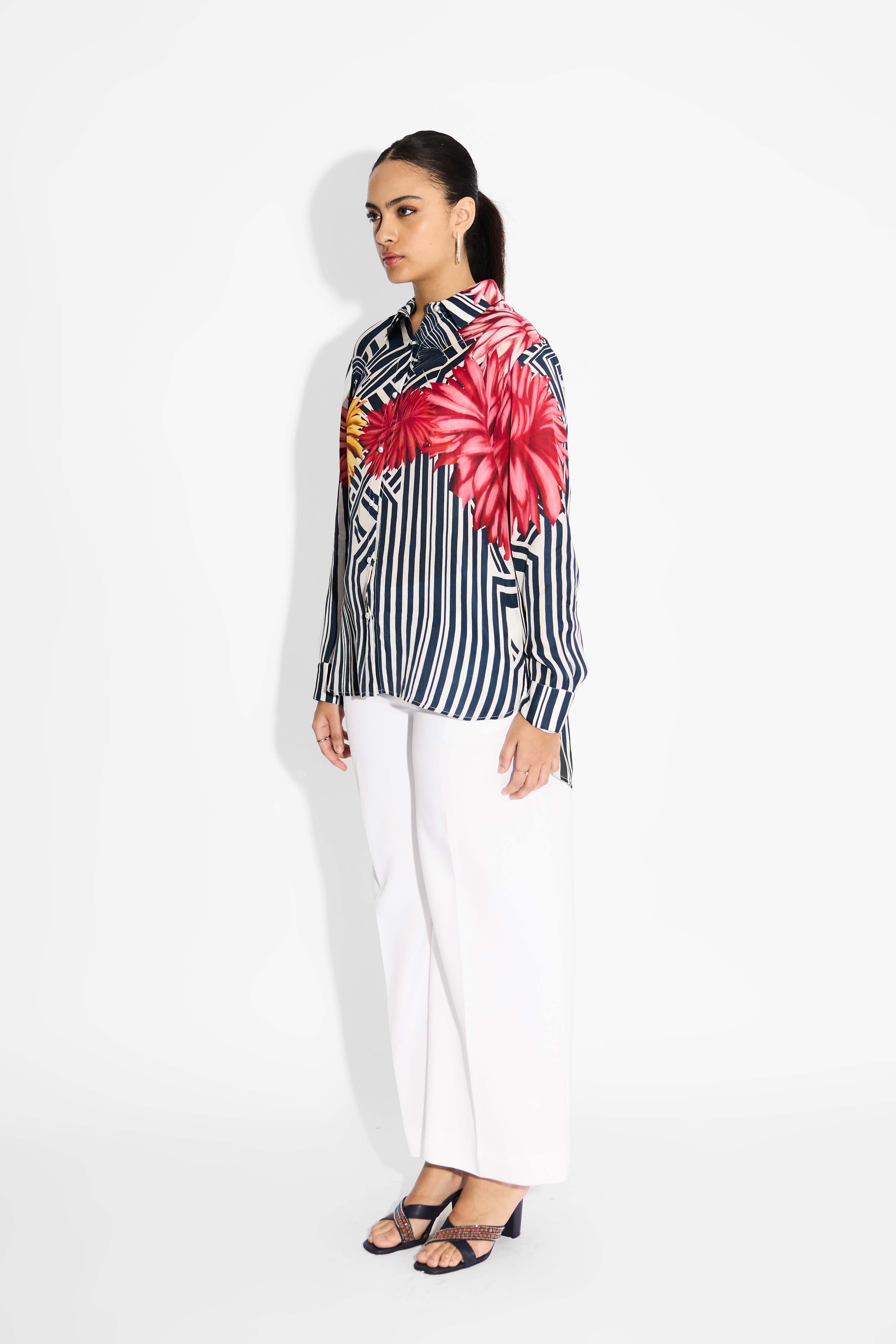 Oversized Floral & Blue Stripes High Low Shirt