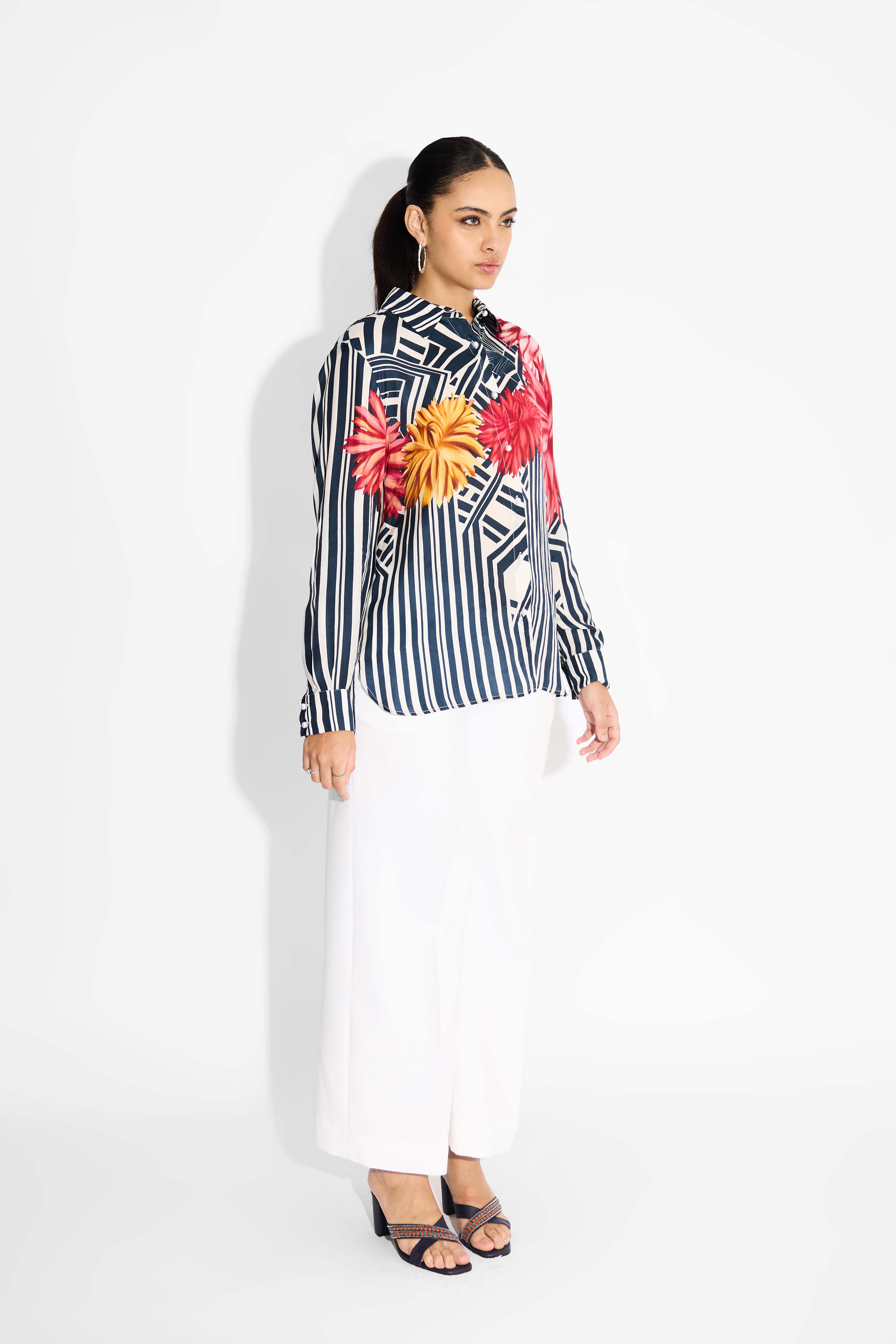 Oversized Floral & Blue Stripes High Low Shirt