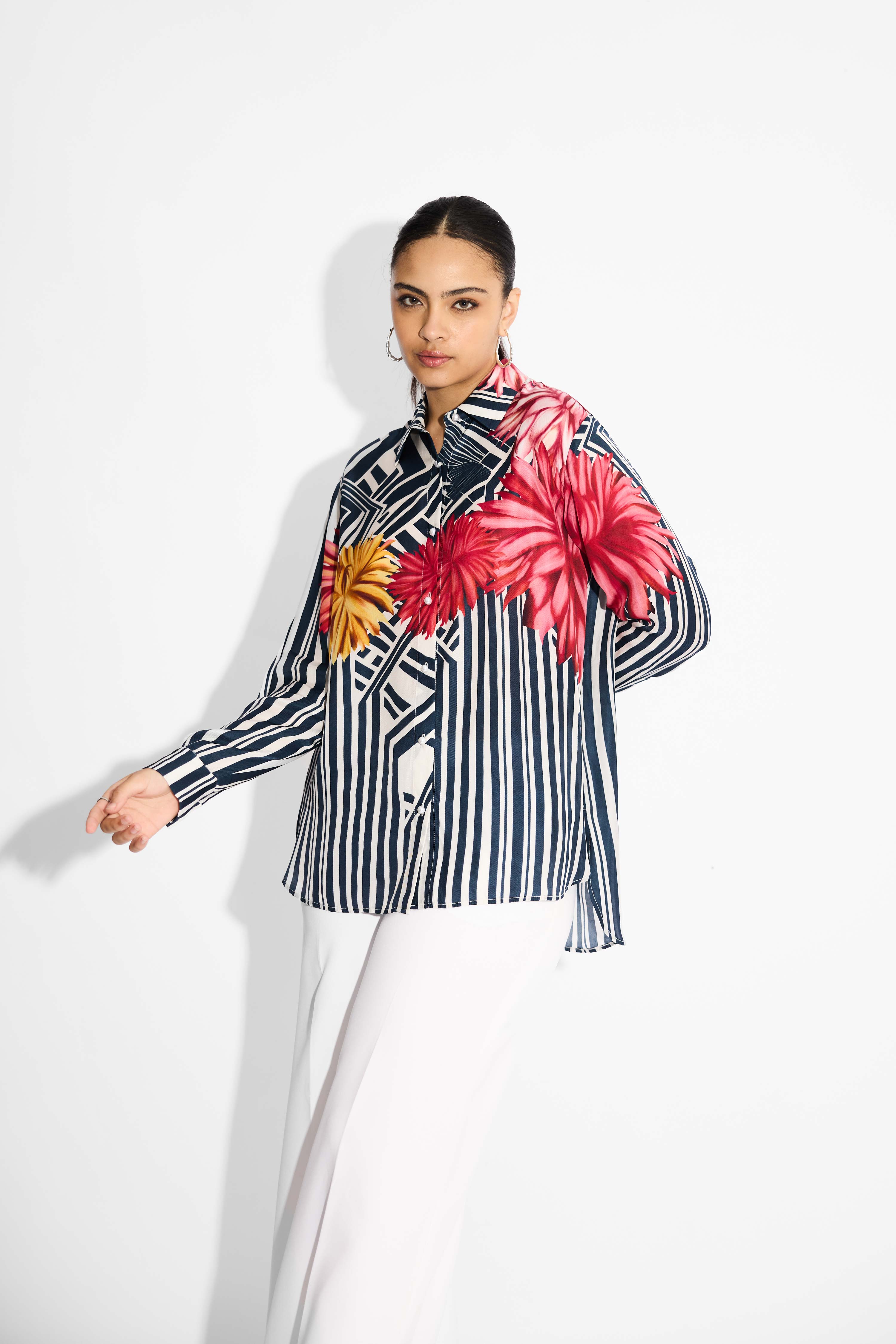 Oversized Floral & Blue Stripes High Low Shirt