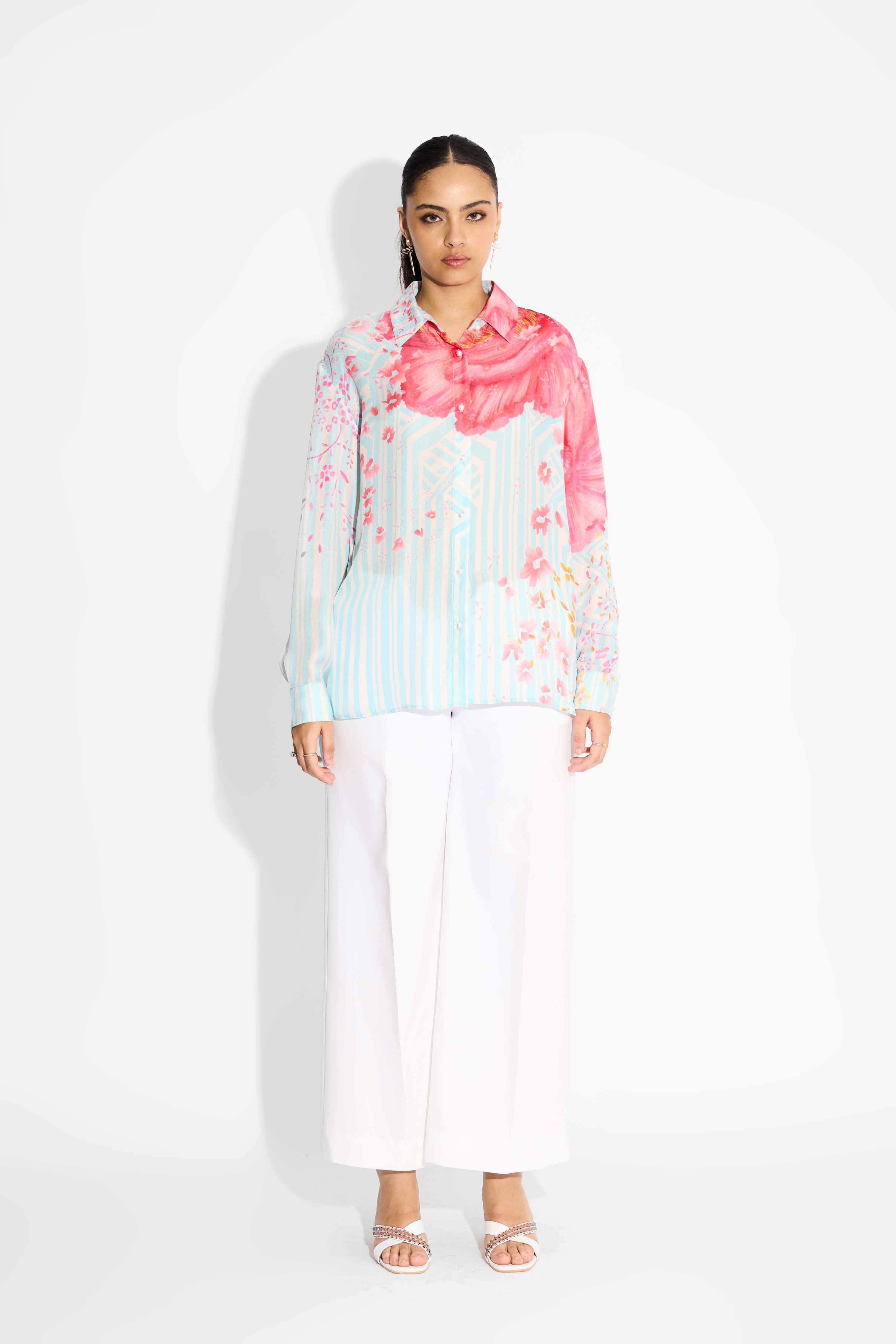 Oversized Floral & Sky Blue Stripe High Low Shirt