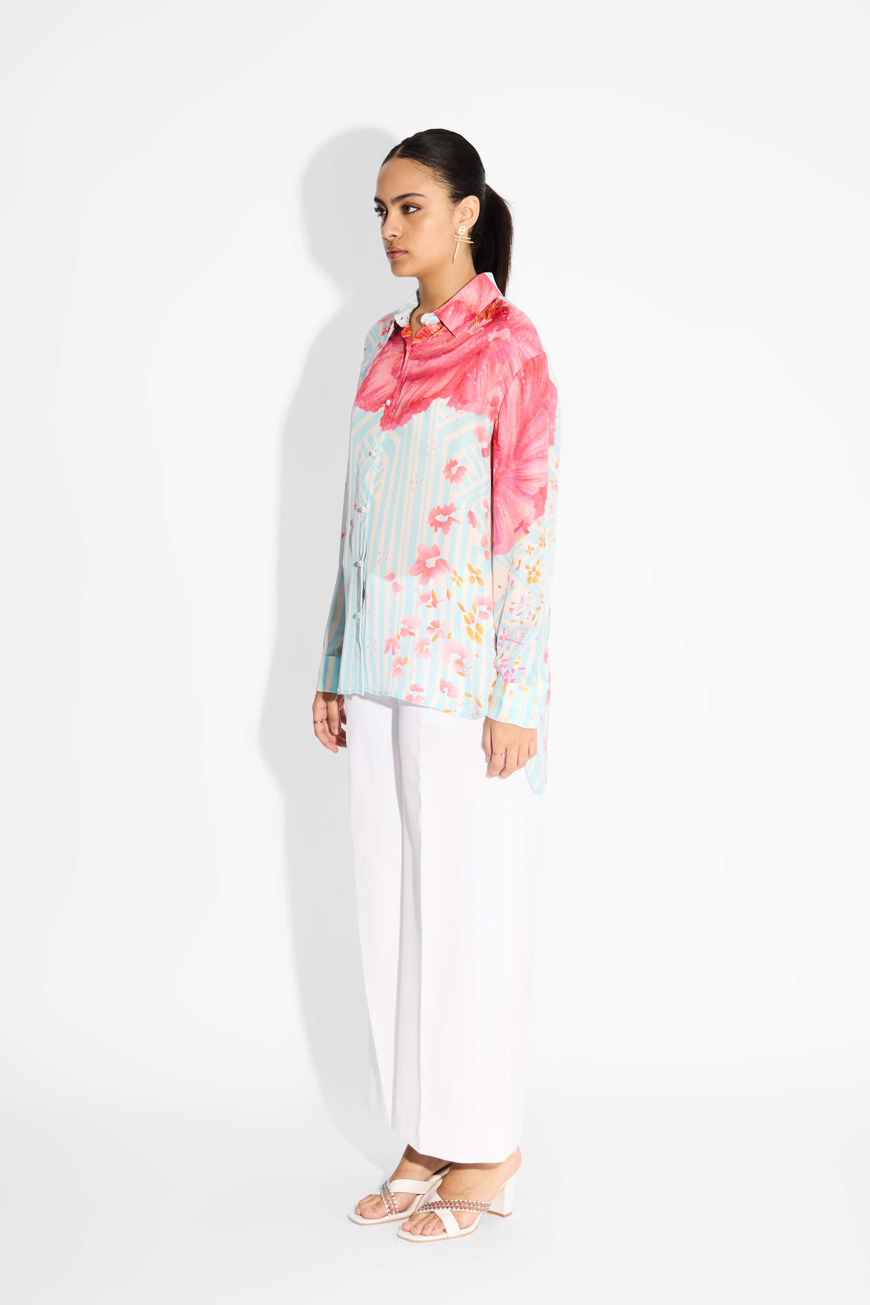 Oversized Floral & Sky Blue Stripe High Low Shirt
