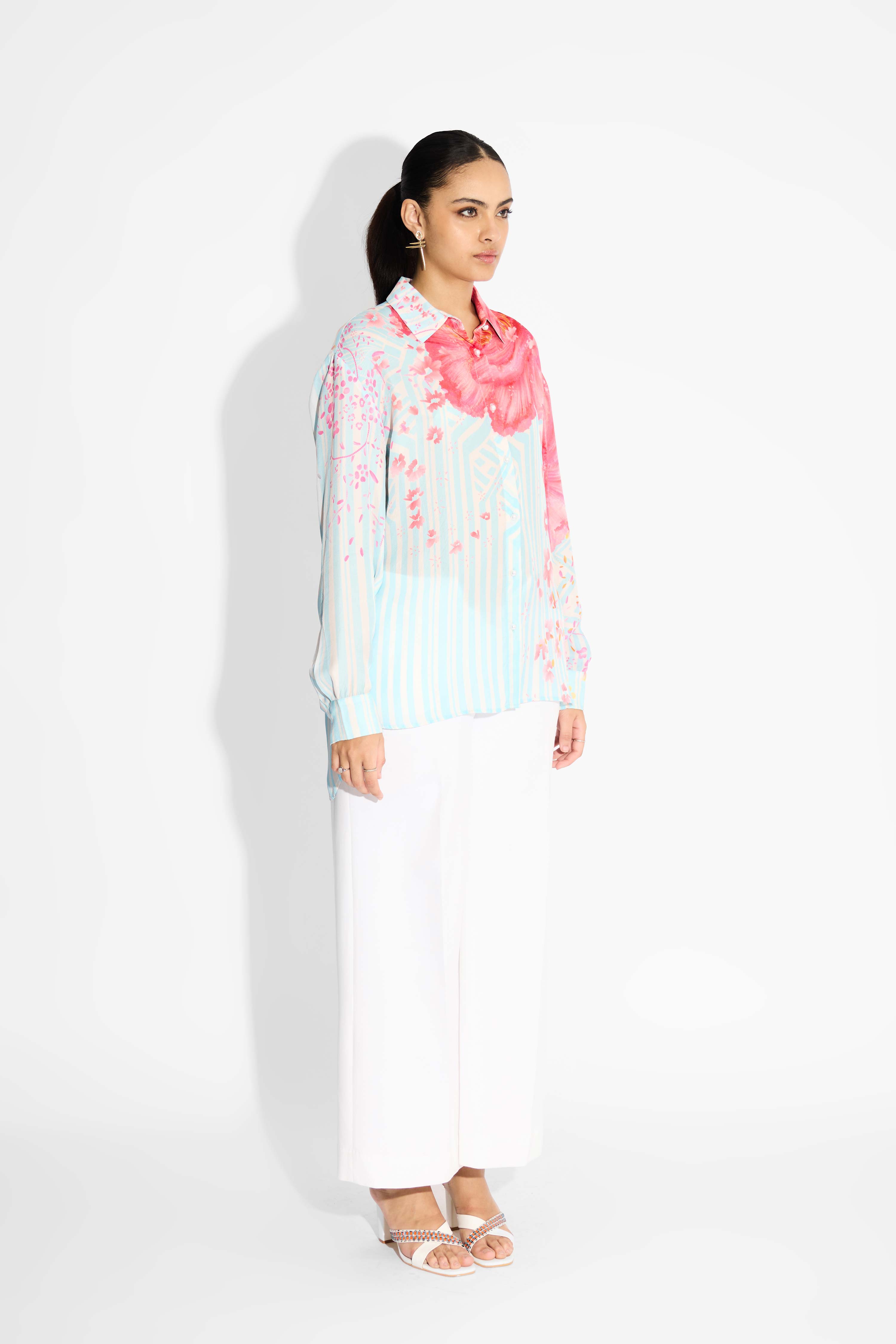 Oversized Floral & Sky Blue Stripe High Low Shirt