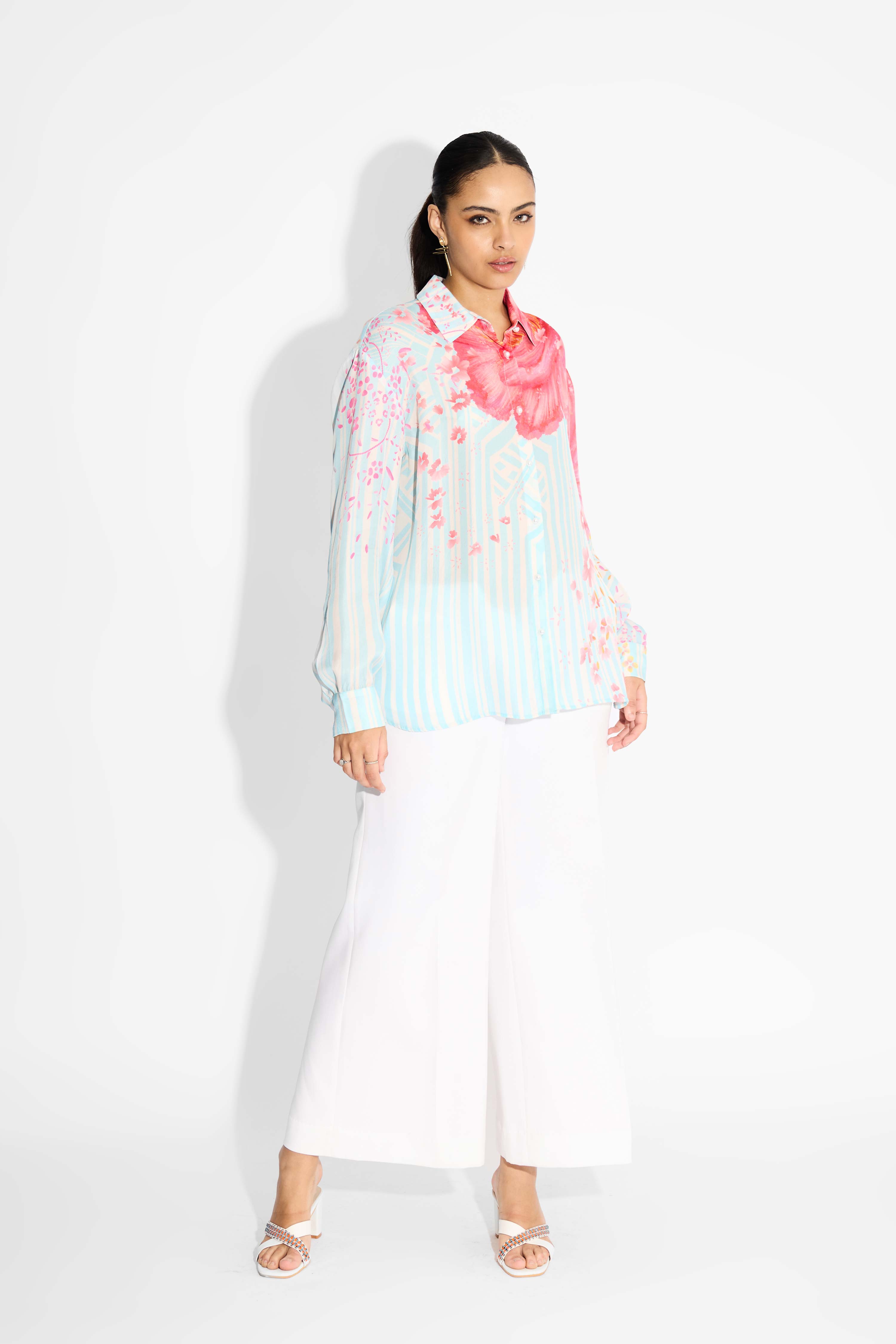 Oversized Floral & Sky Blue Stripe High Low Shirt