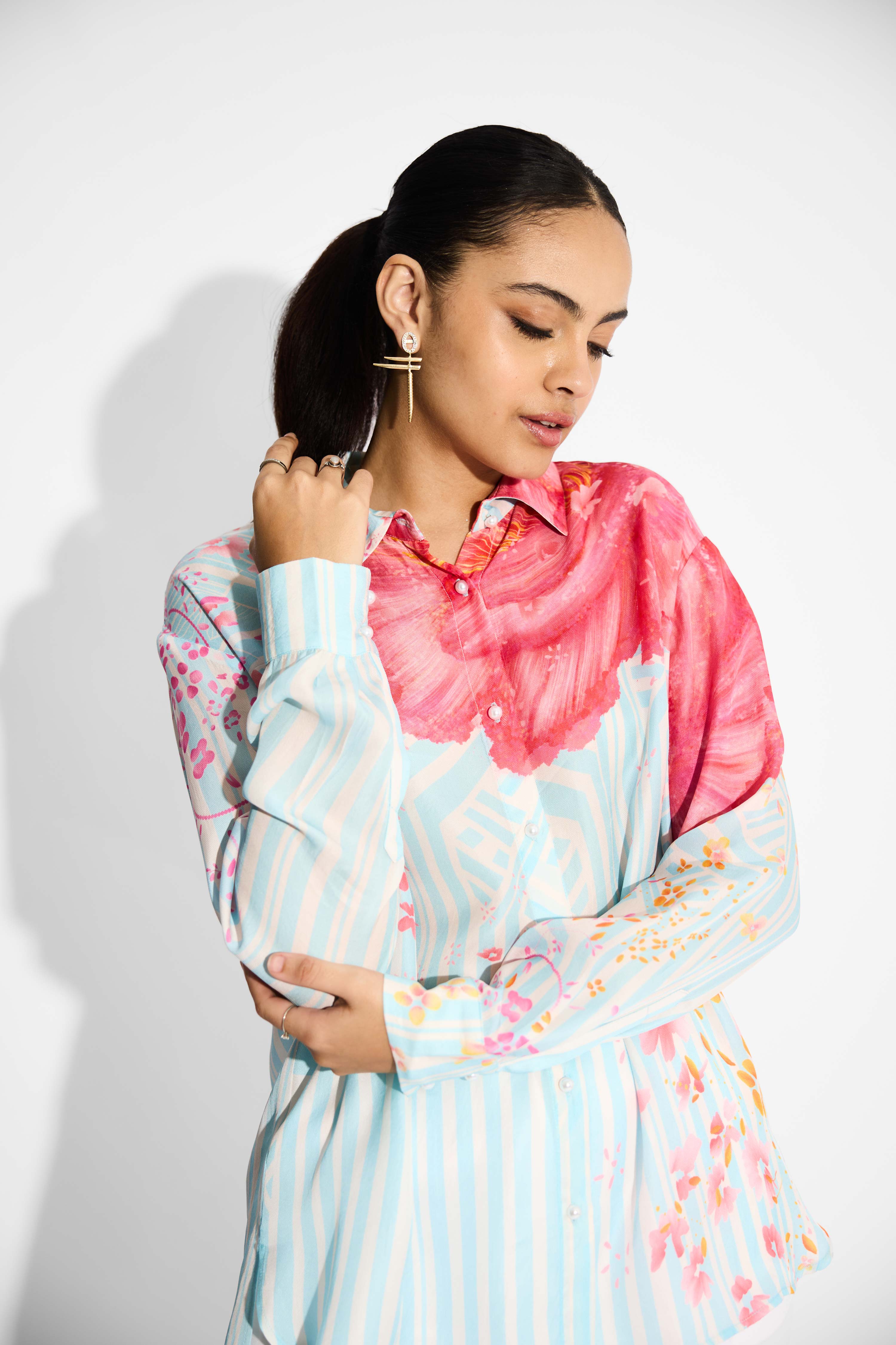 Oversized Floral & Sky Blue Stripe High Low Shirt
