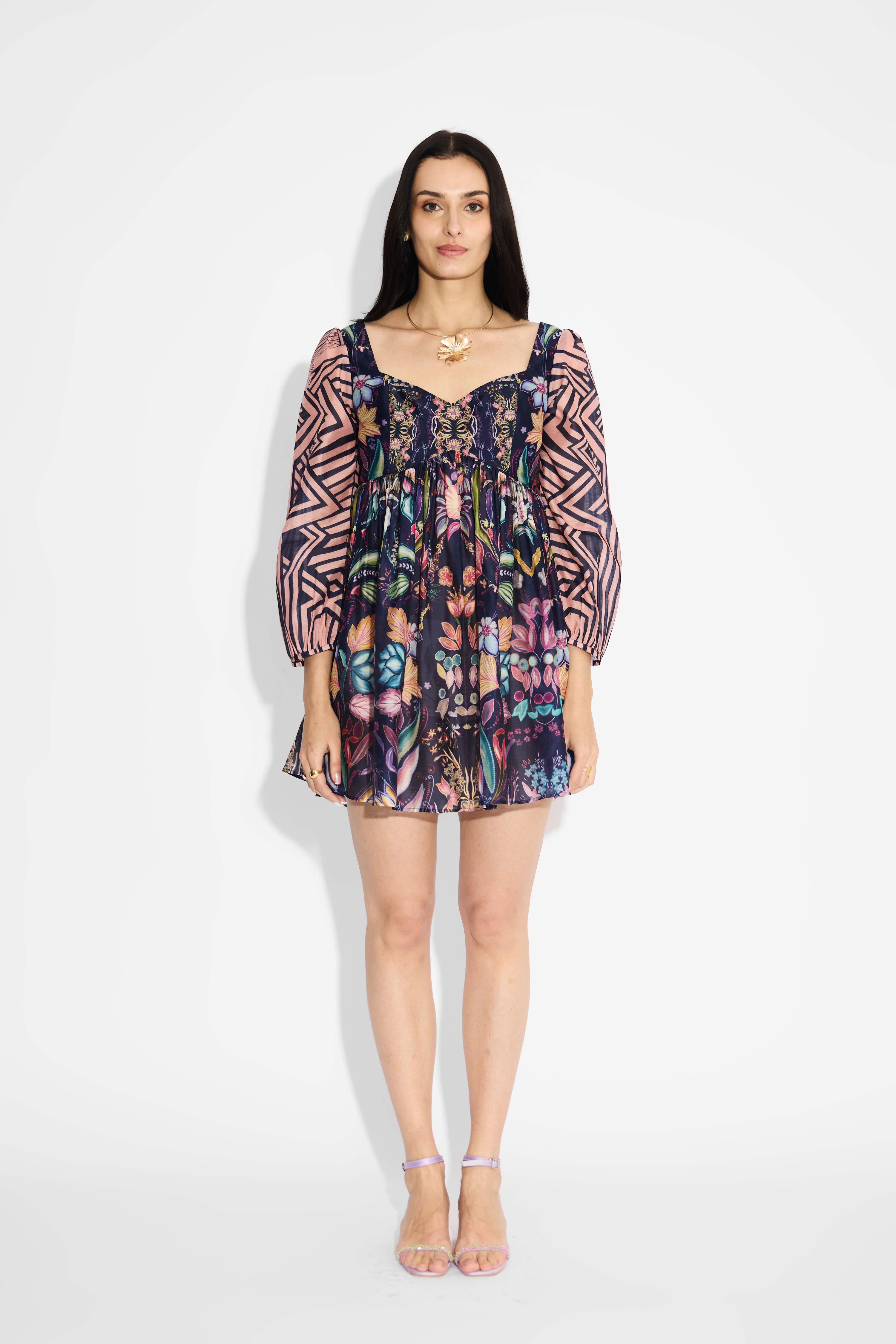 Blue Floral & Stripes Mini Dress