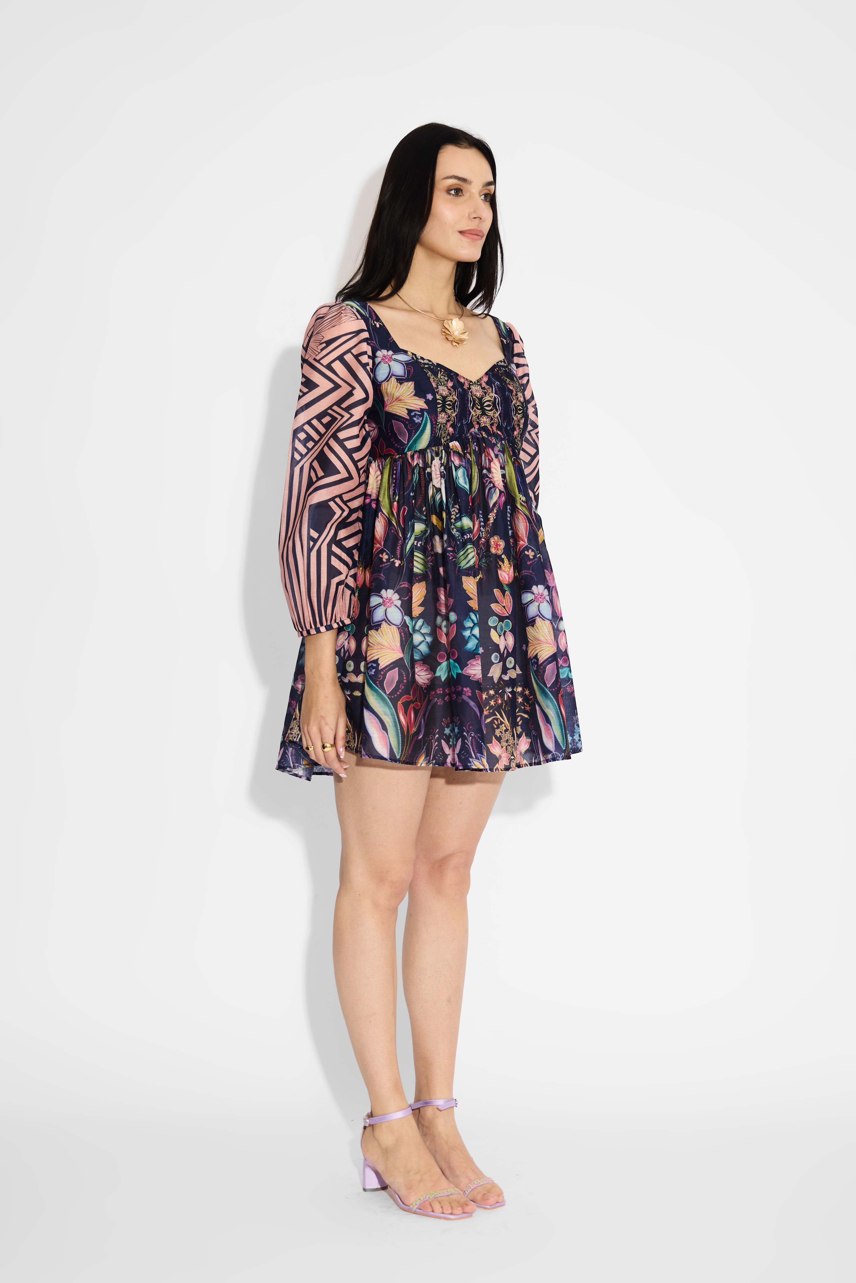 Blue Floral & Stripes Mini Dress
