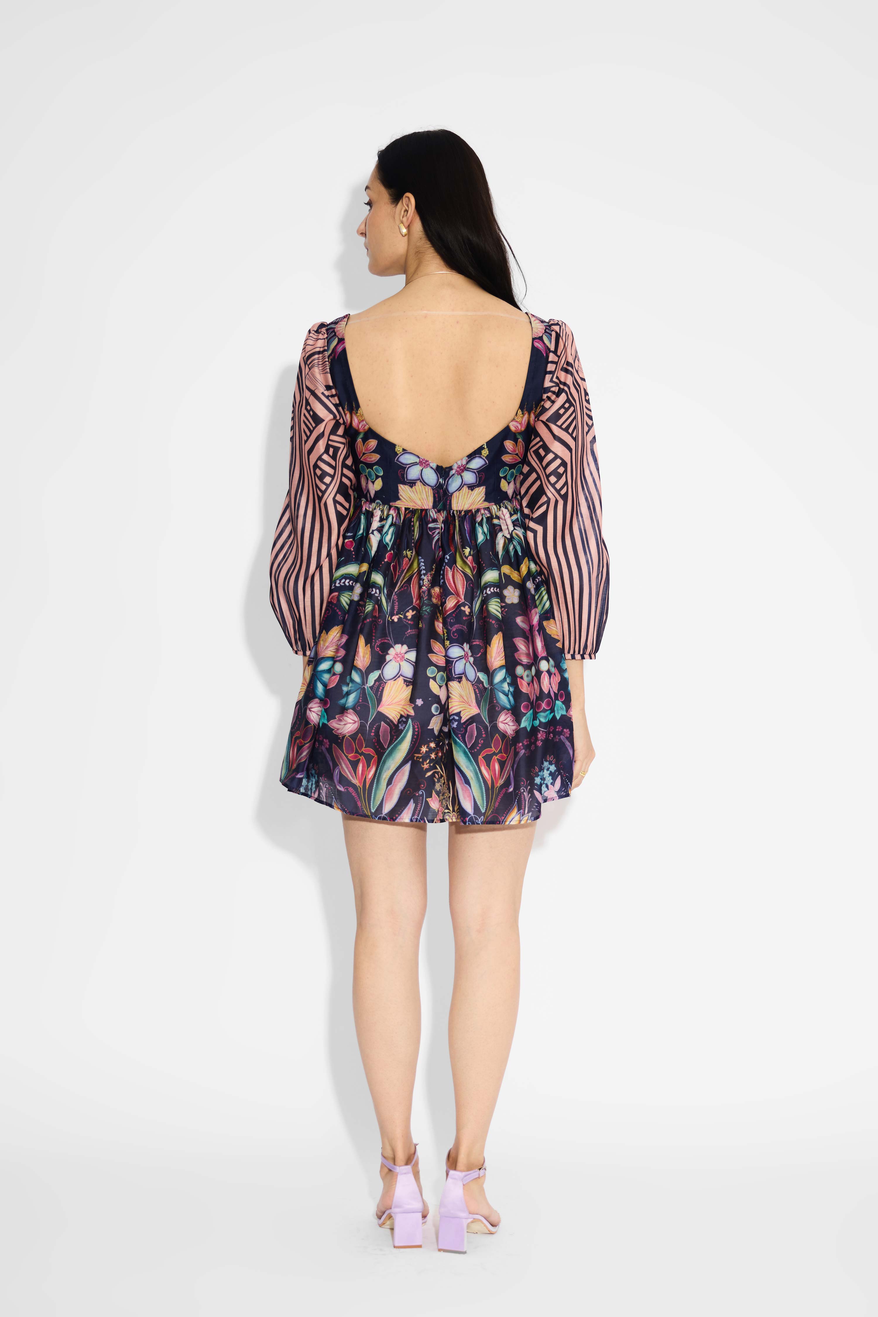 Blue Floral & Stripes Mini Dress