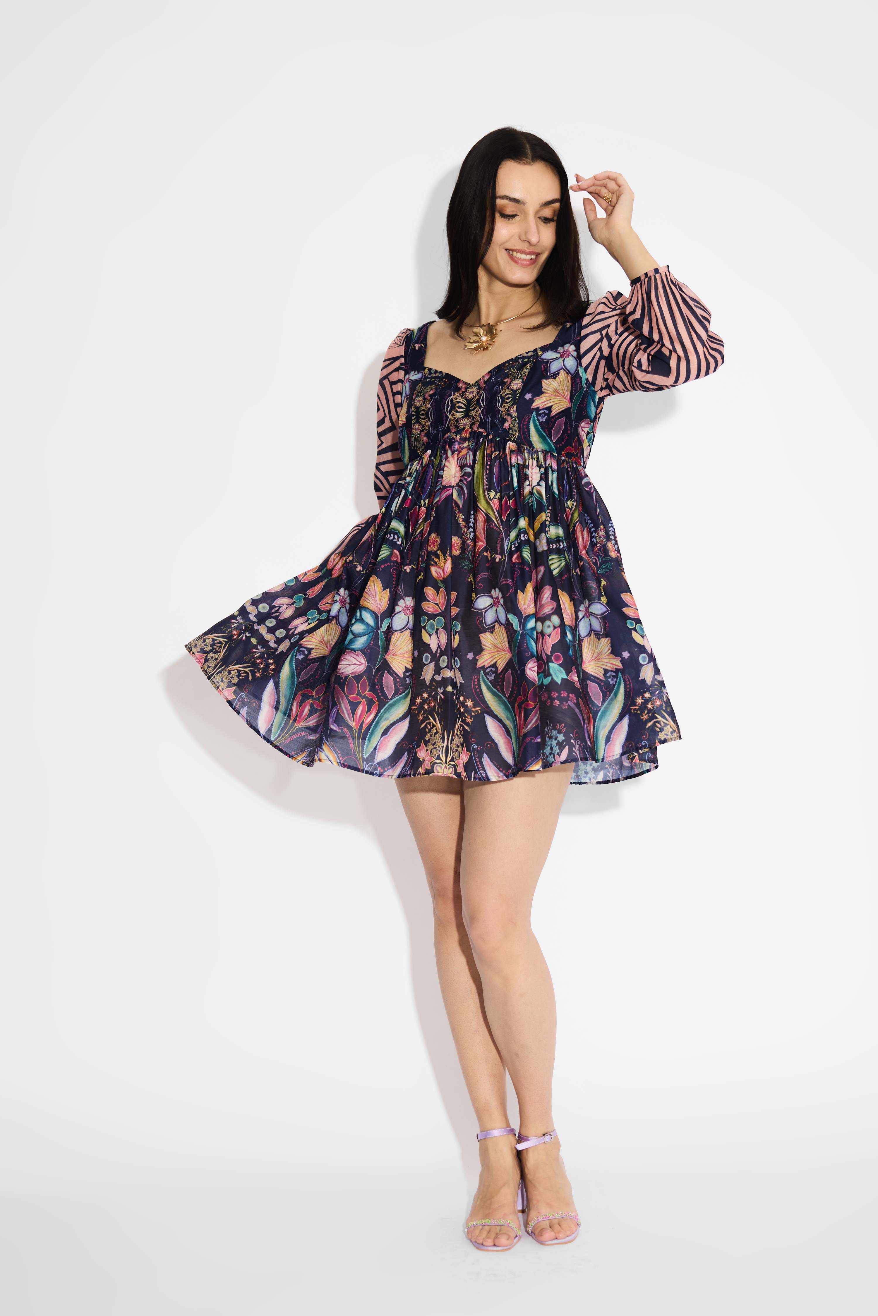 Blue Floral & Stripes Mini Dress