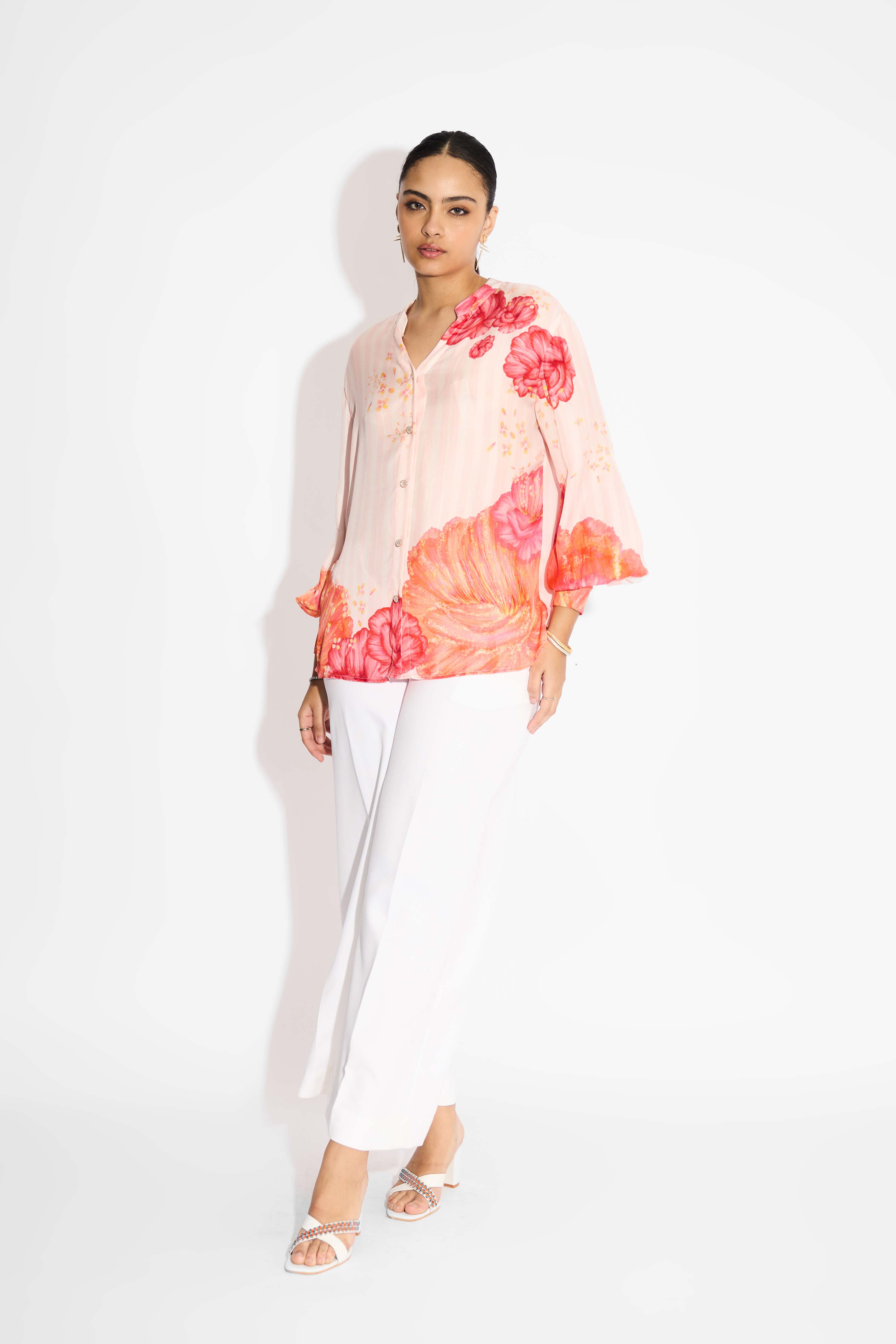 Misty Rose Stripe Floral Shirt