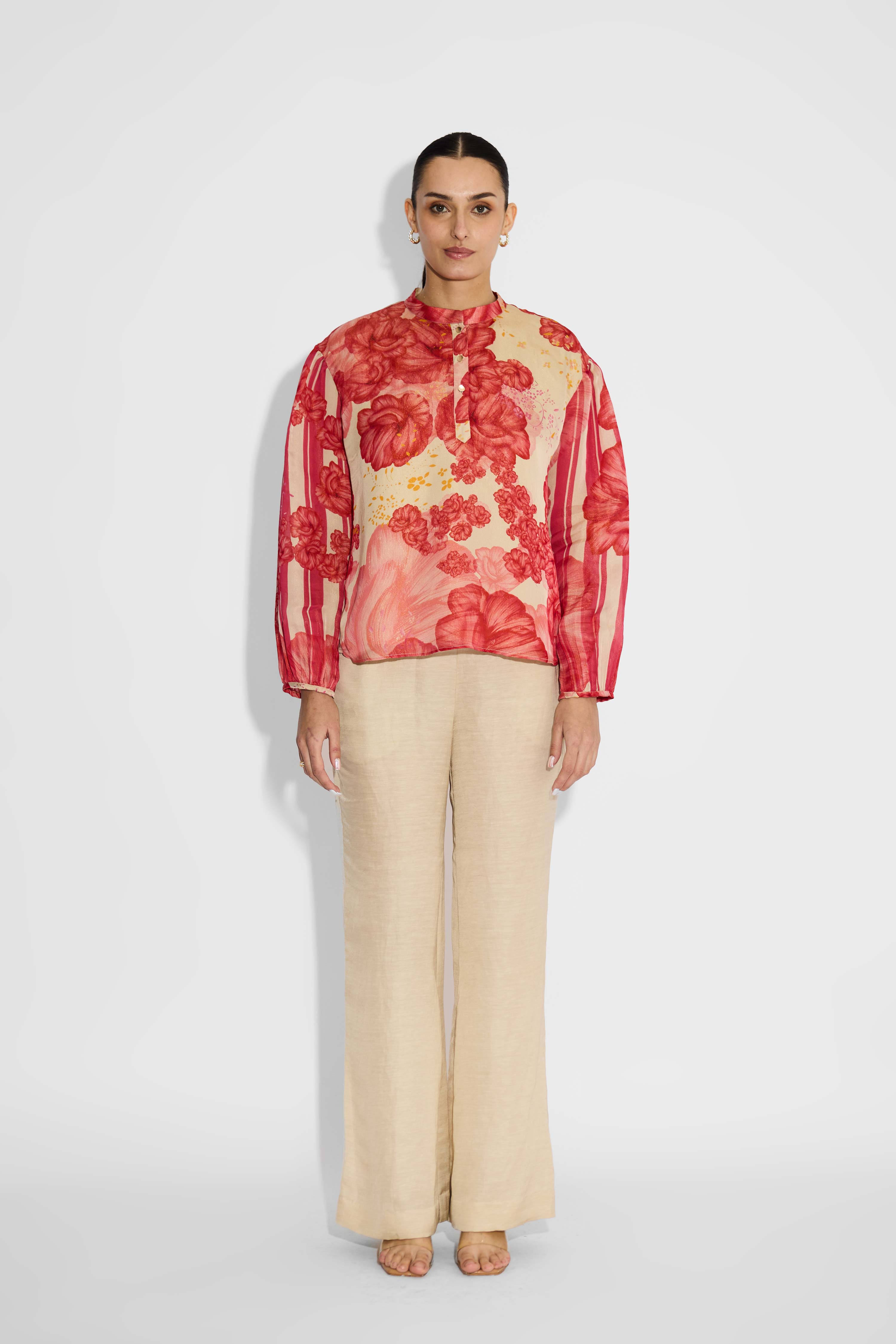 Multi-Floral Beige Placket Top
