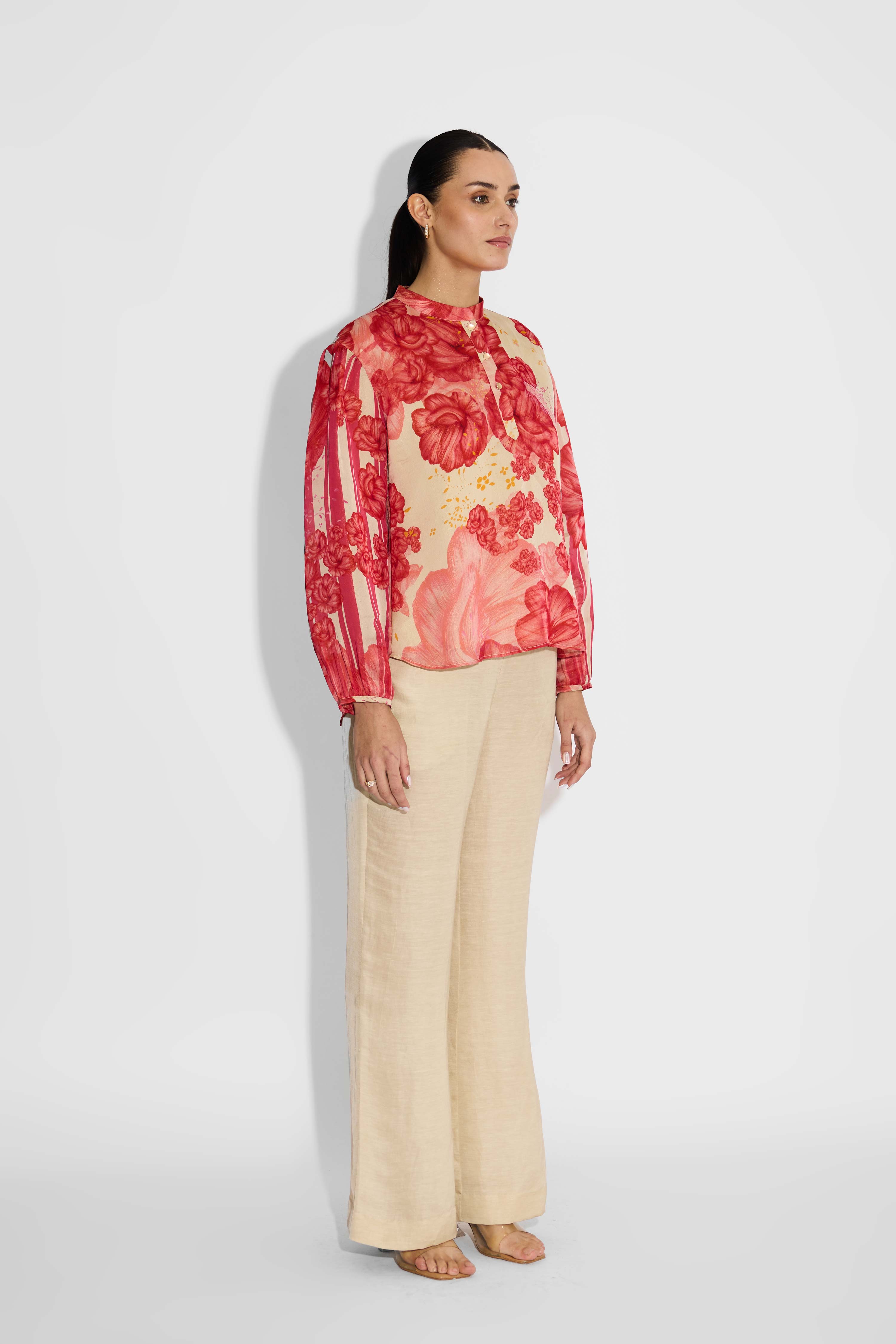 Multi-Floral Beige Placket Top
