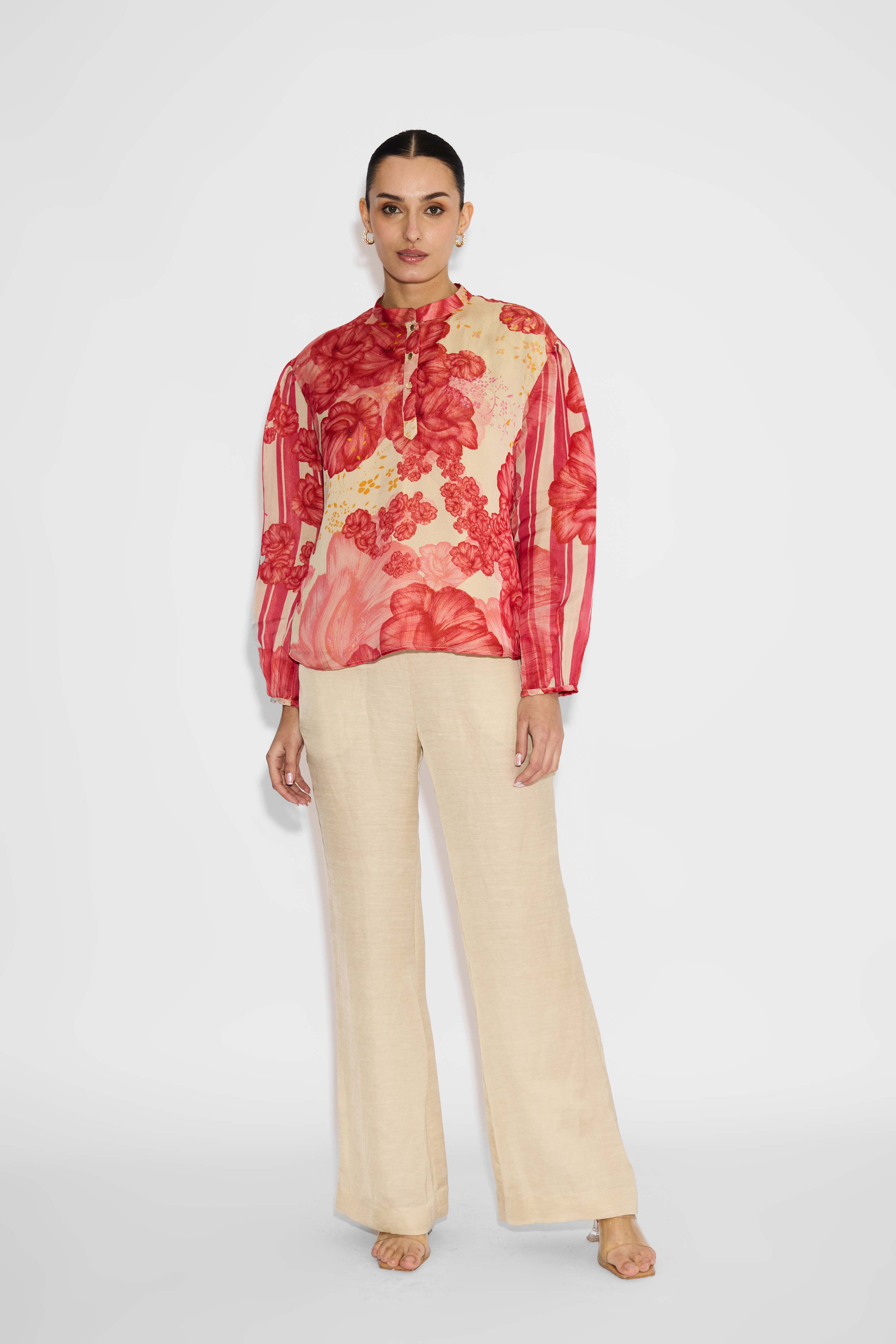 Multi-Floral Beige Placket Top
