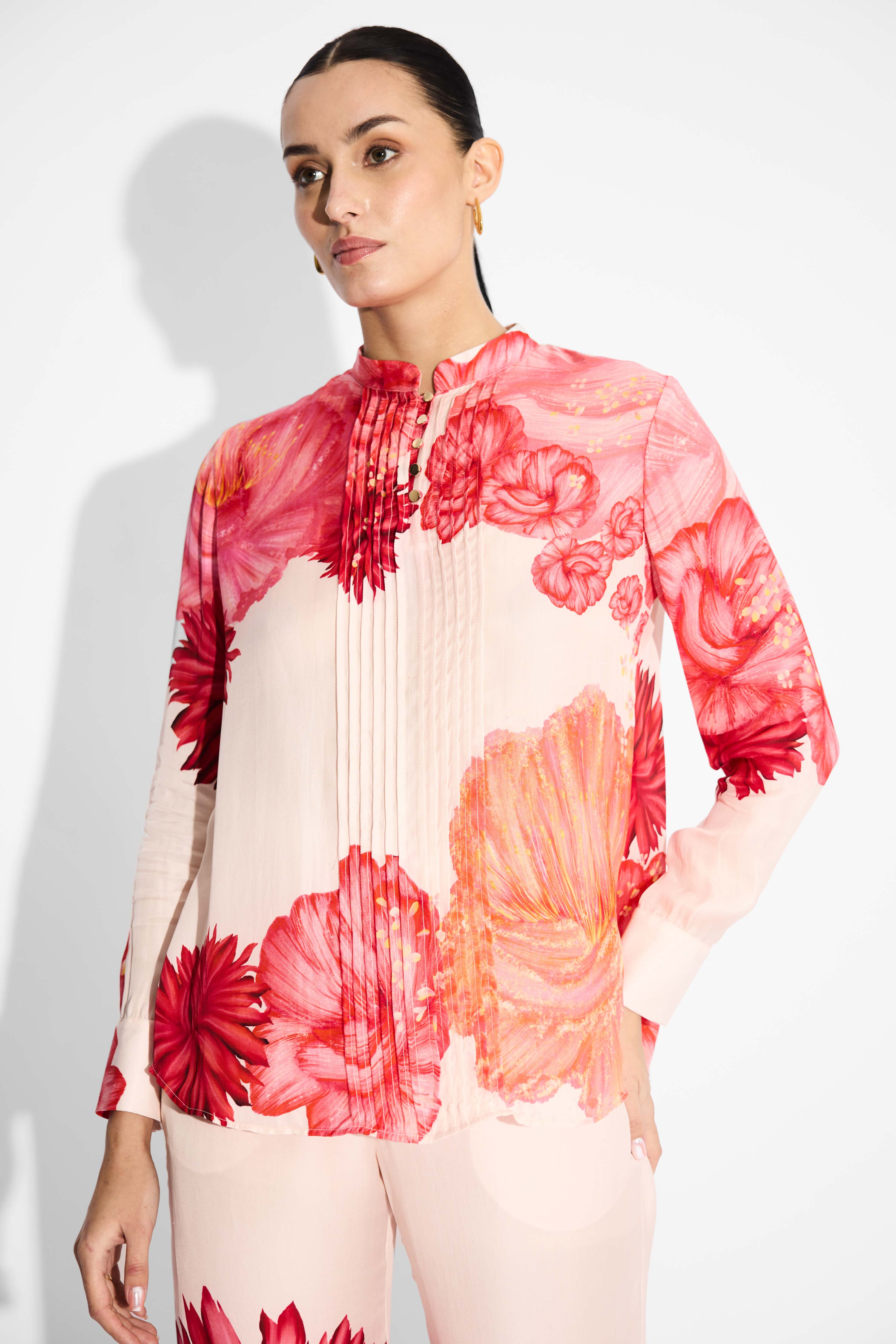 Floral Print Pintuck Shirt