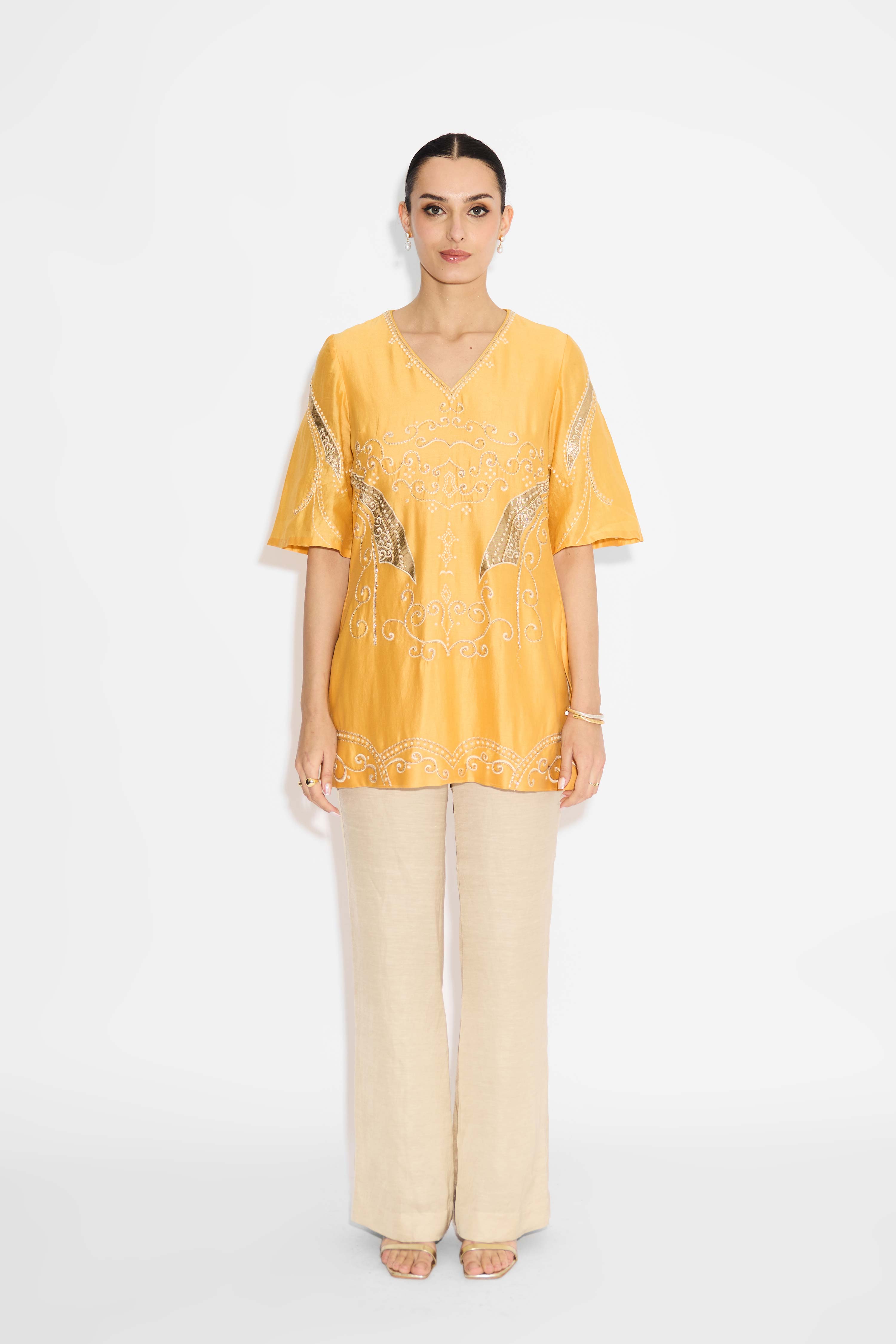 Applique Yellow Short Kurta