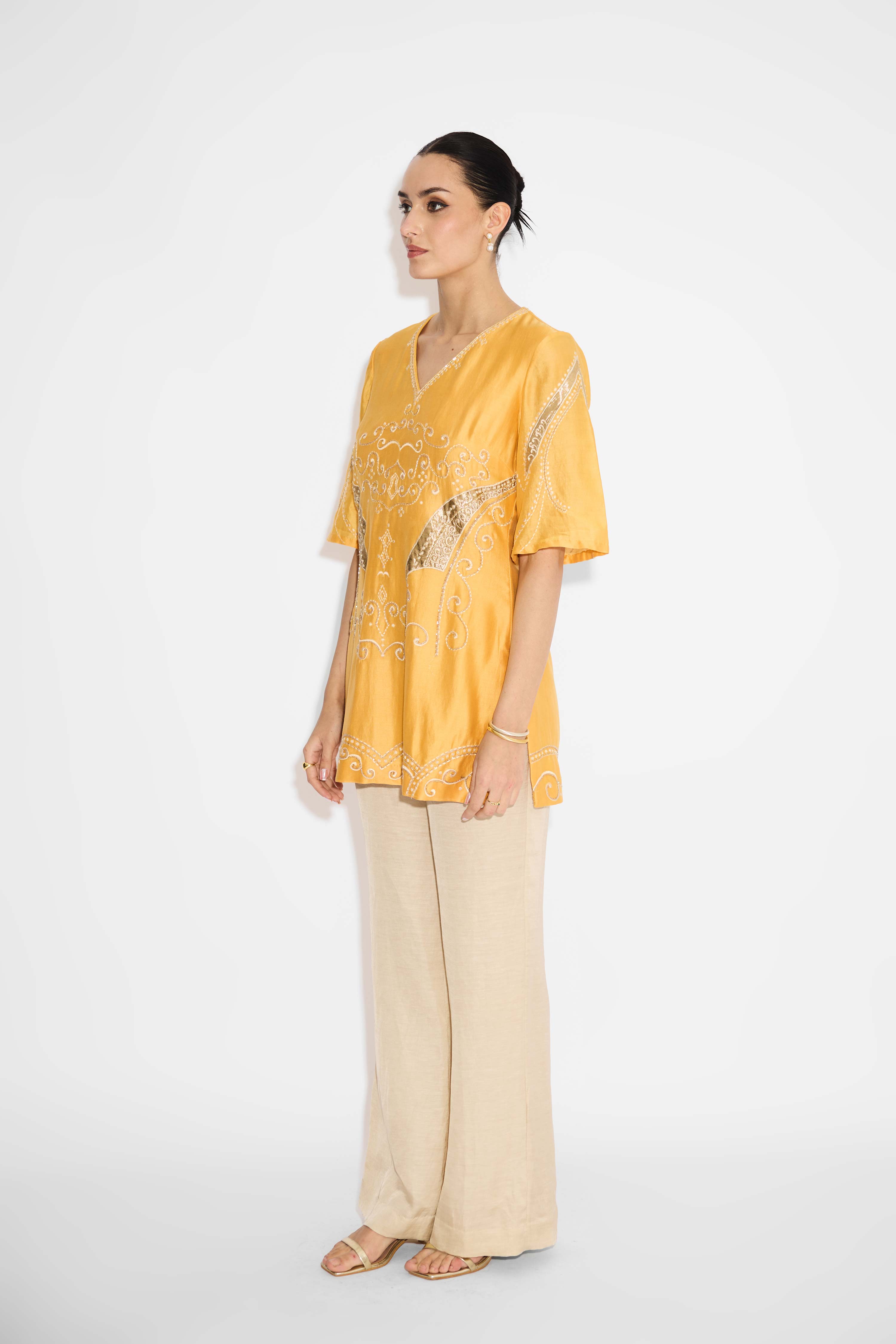 Applique Yellow Short Kurta