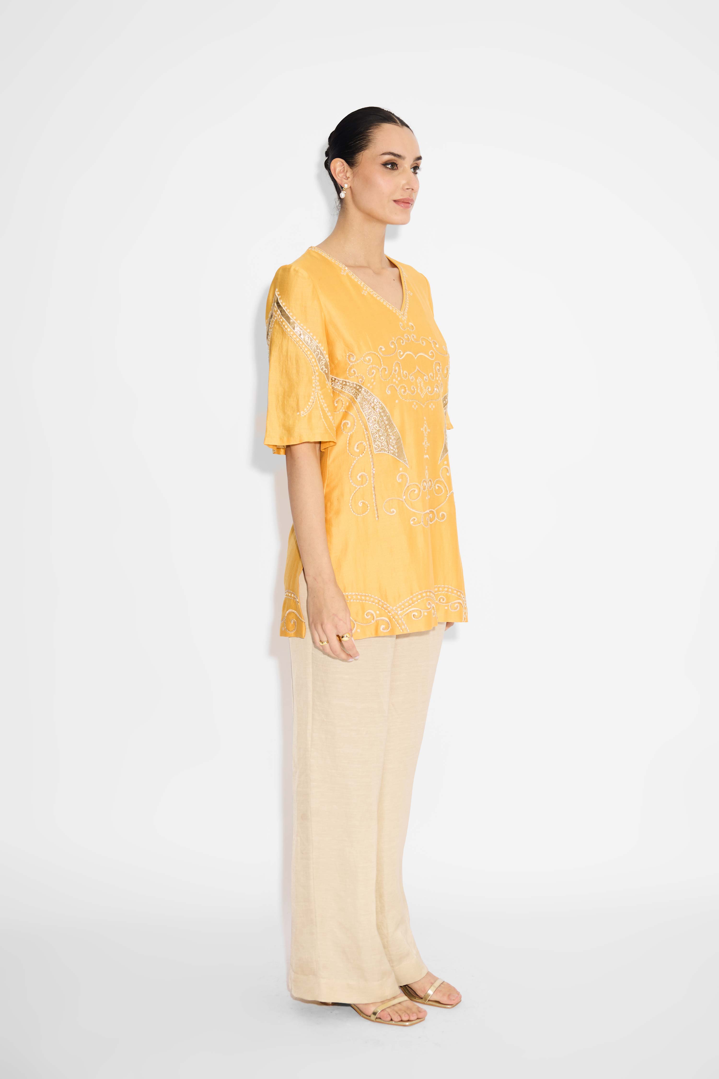 Applique Yellow Short Kurta