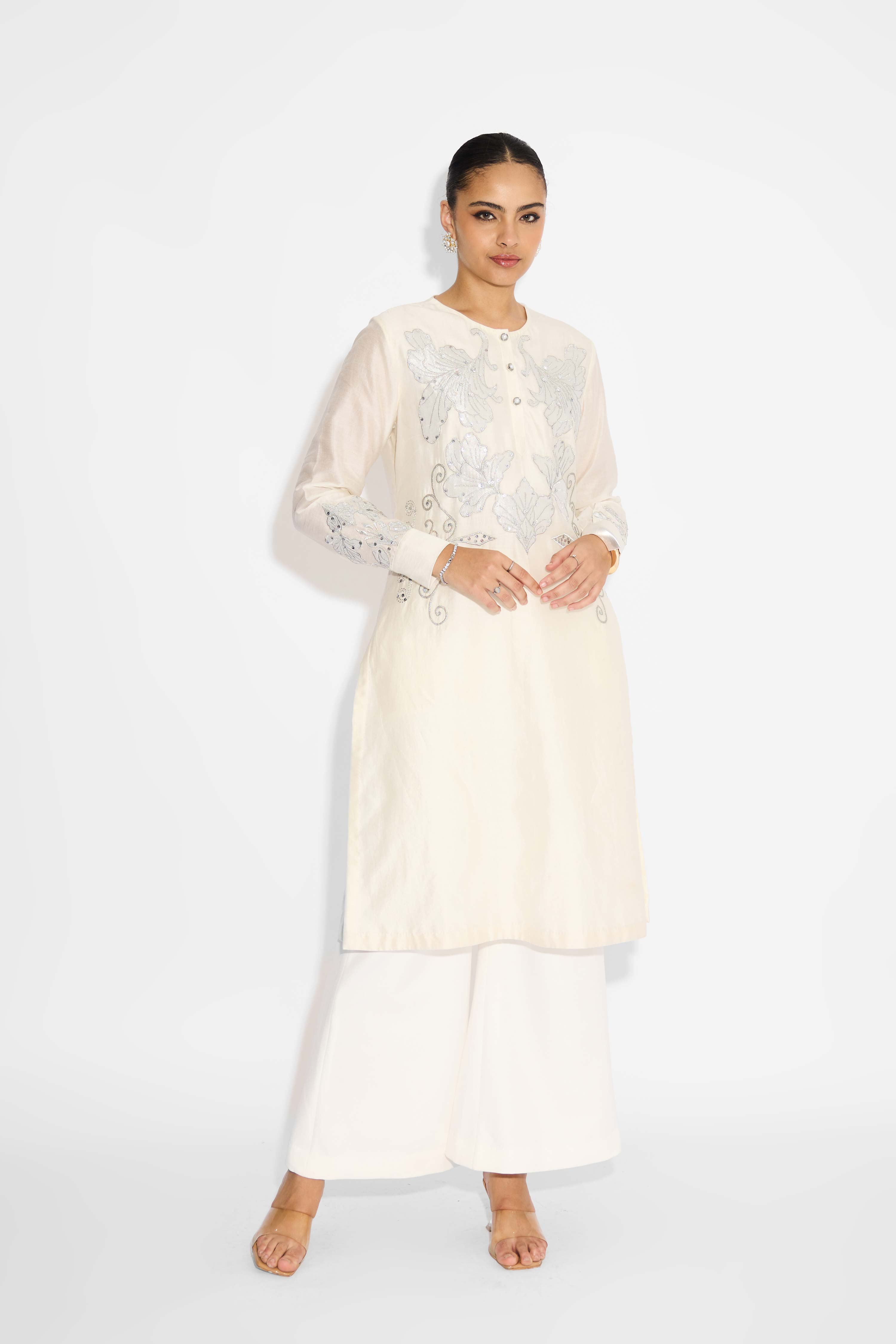 Silver Applique Ivory Straight Embellished Kurta