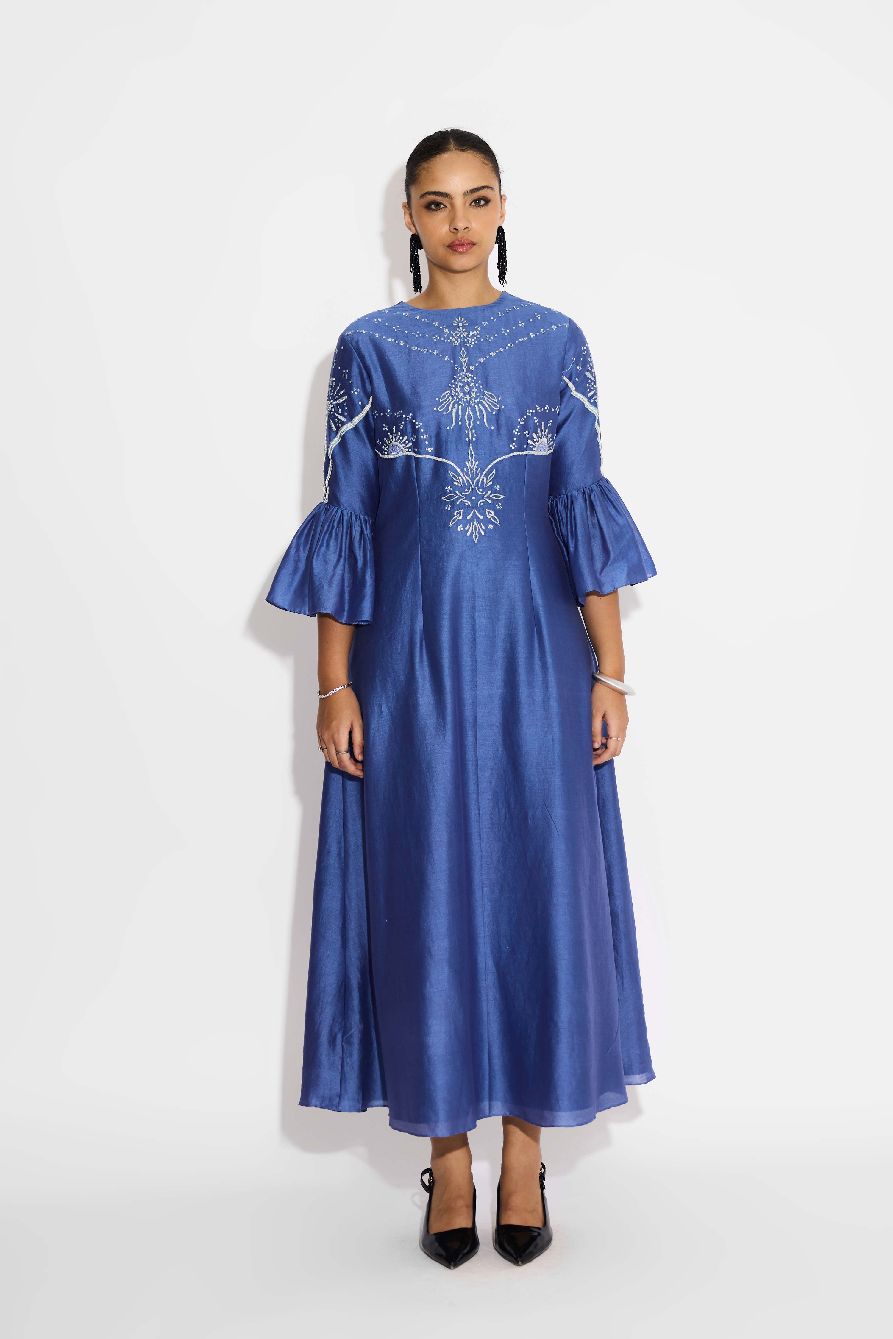 Indigo Peplum Sleeve Embellished Dress