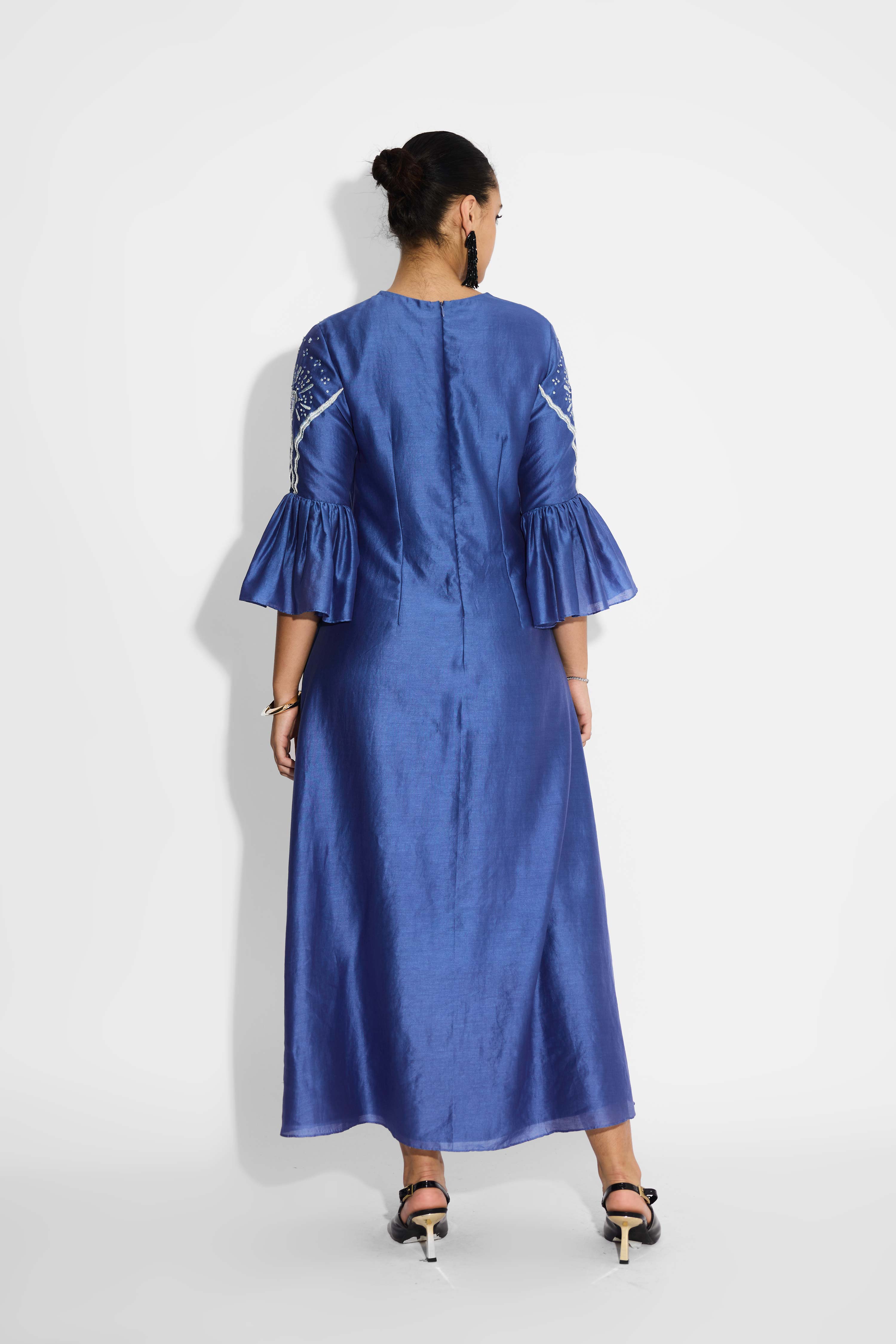 Indigo Peplum Sleeve Embellished Dress