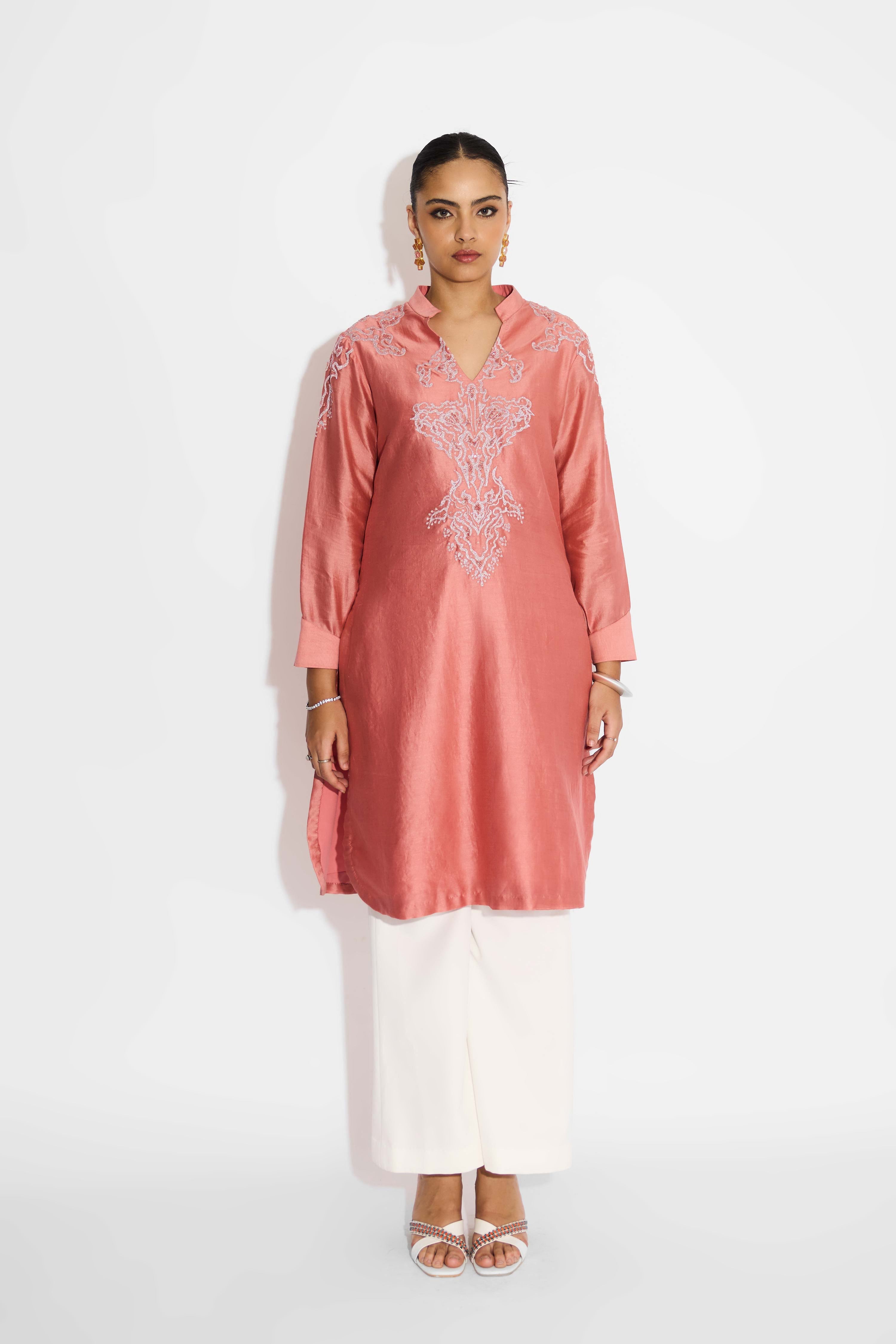 Silver Embellished Peach Straight Embellished Kurta