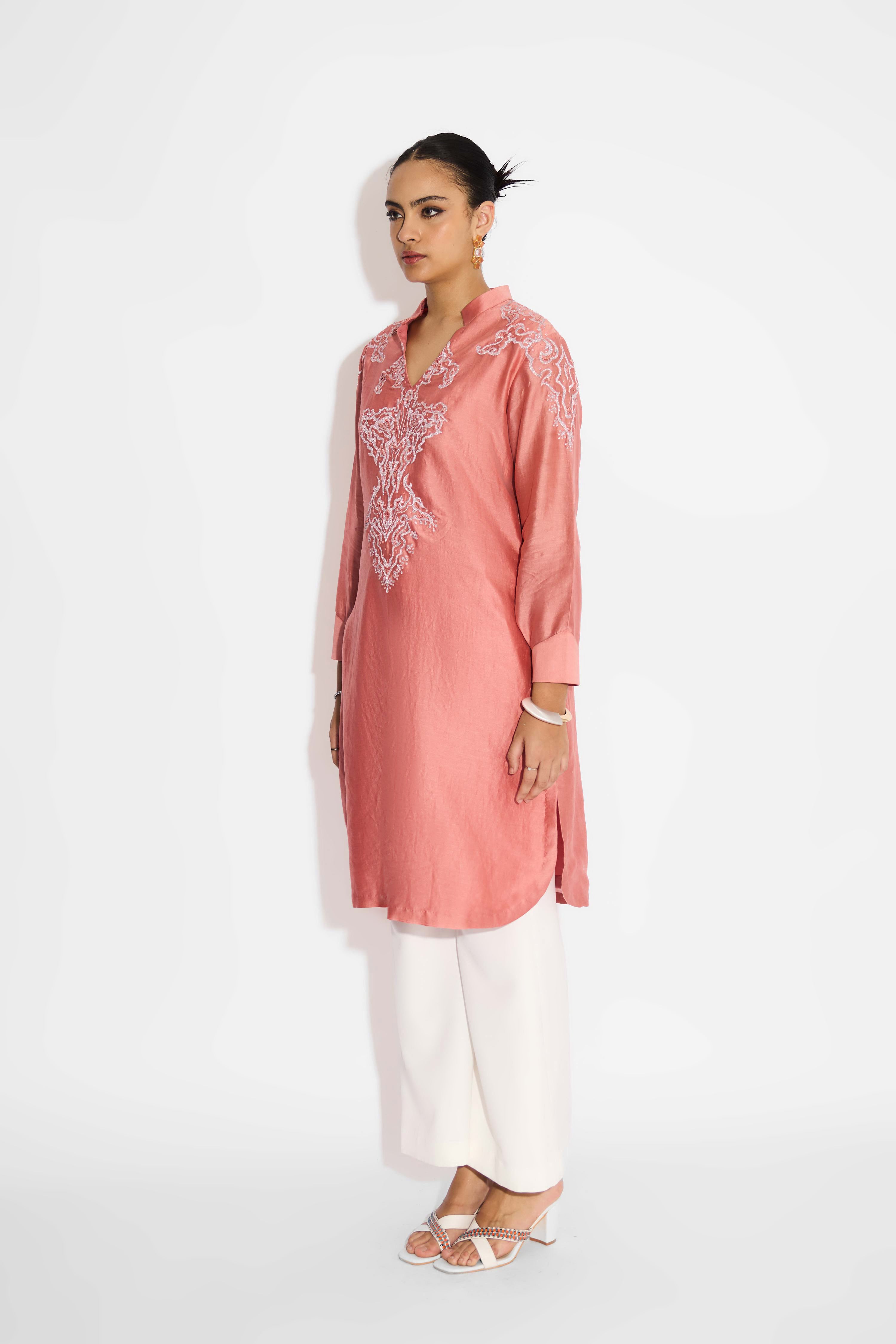 Silver Embellished Peach Straight Embellished Kurta