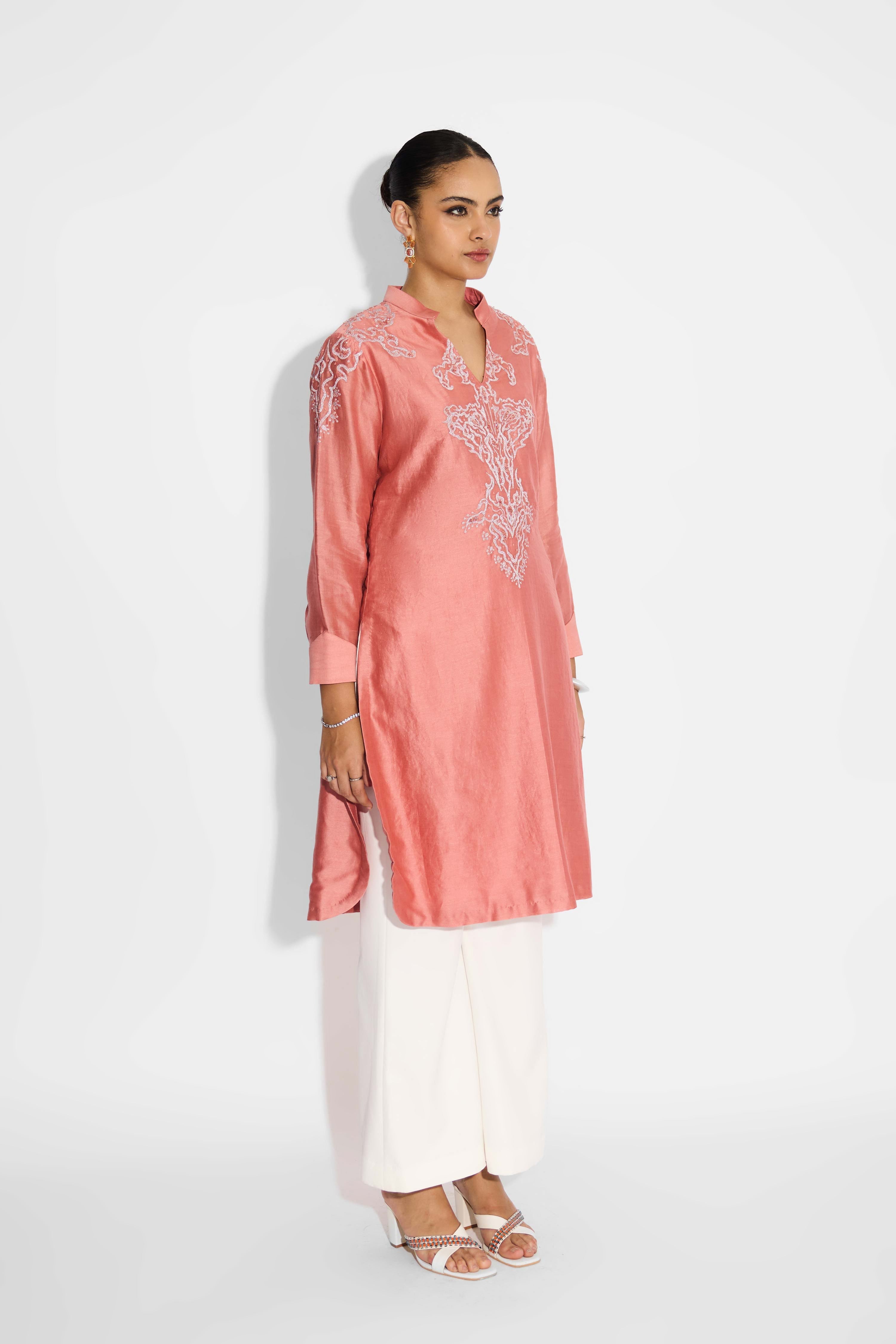 Silver Embellished Peach Straight Embellished Kurta