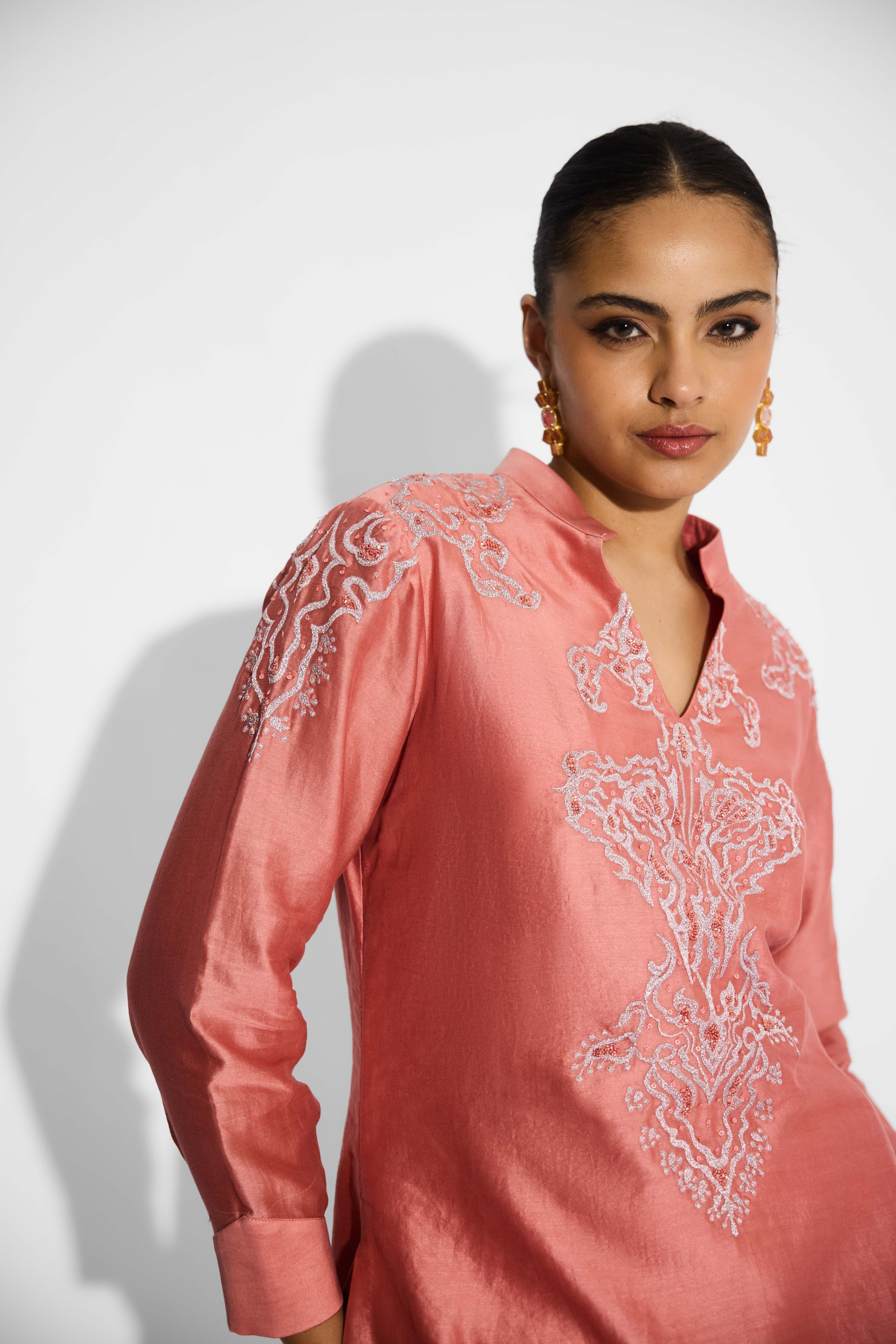 Silver Embellished Peach Straight Embellished Kurta