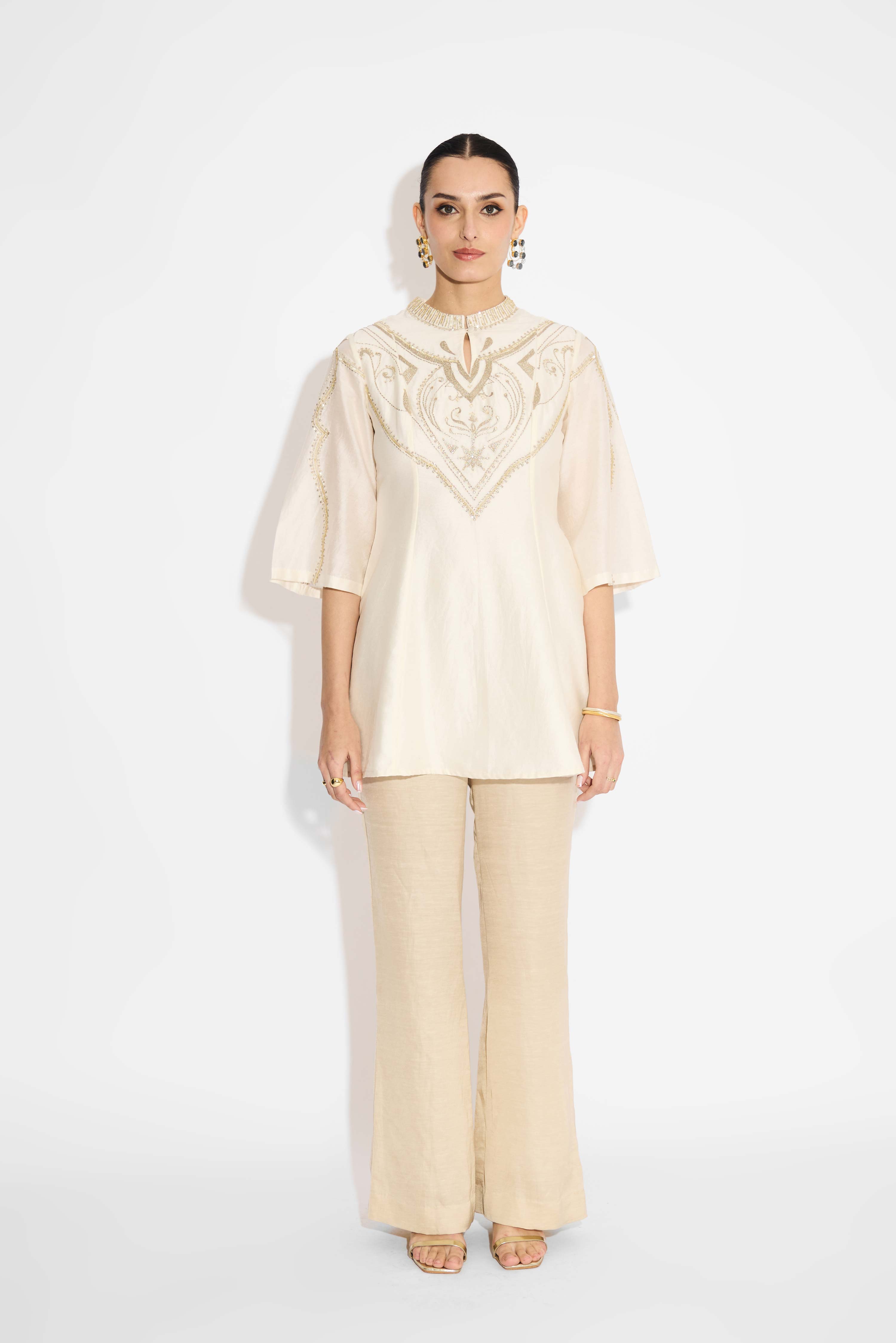 Pearl Embellished Ivory Short Embellished Kurta