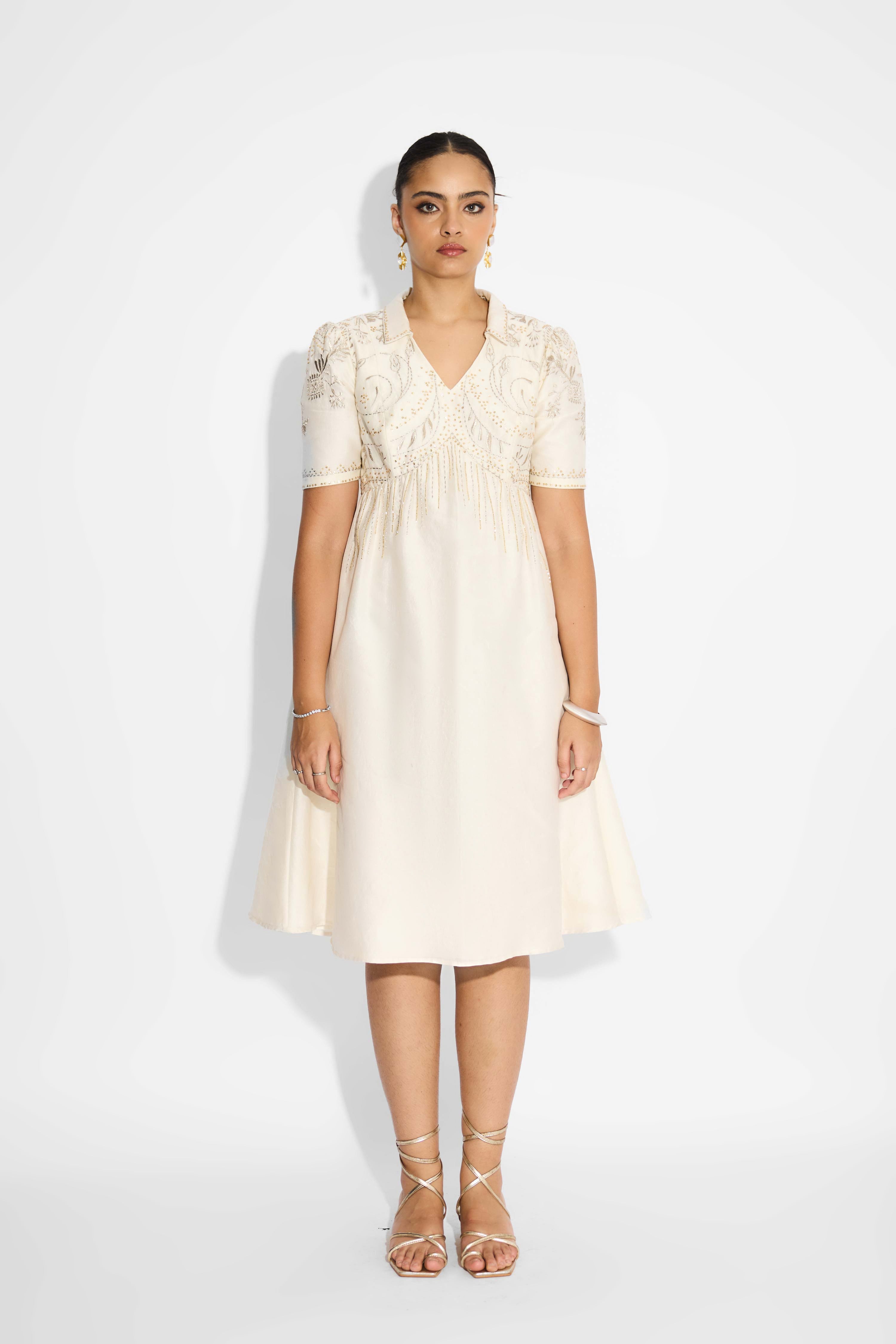 Gold Embellished Ivory Dress