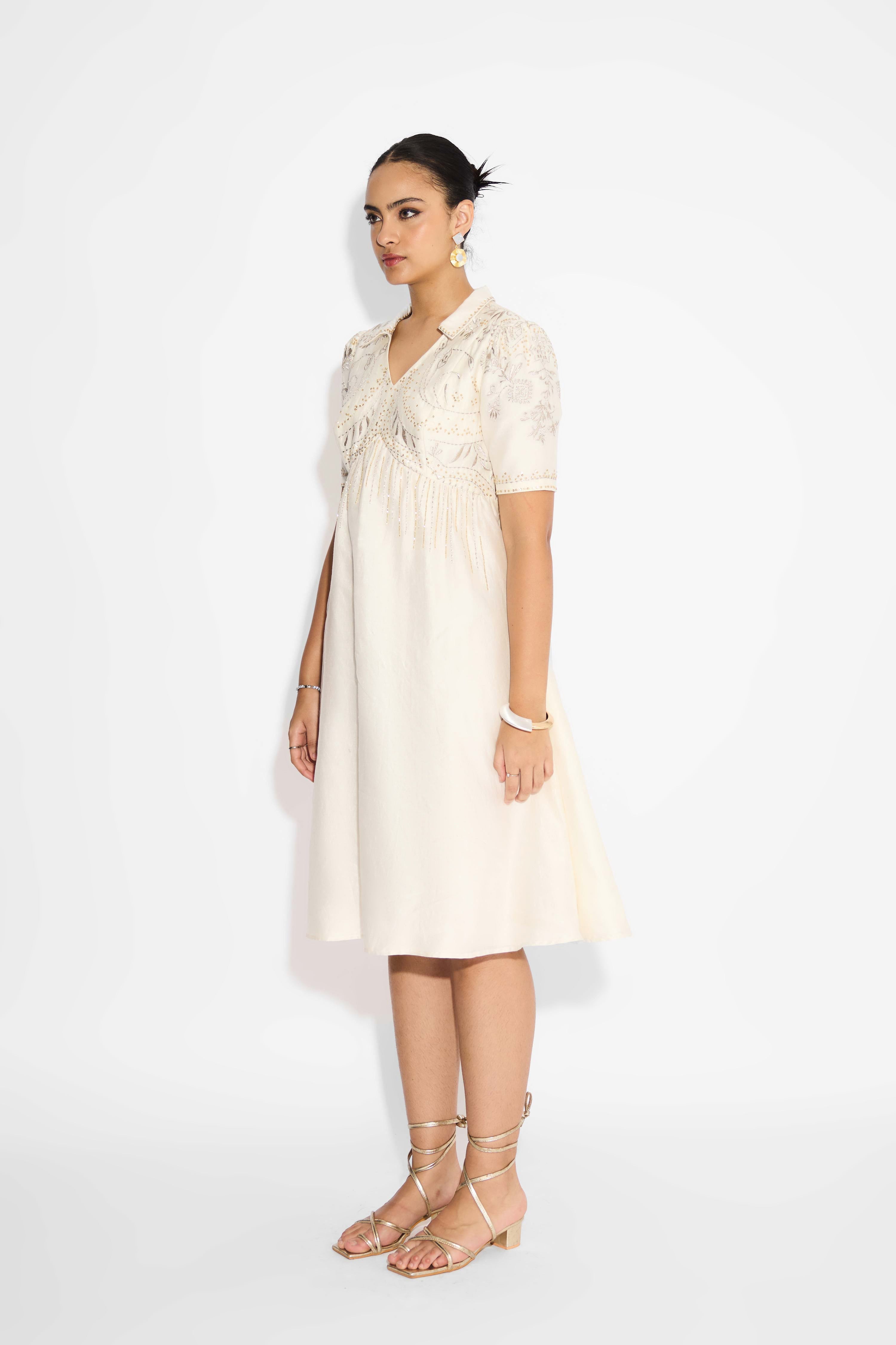 Gold Embellished Ivory Dress