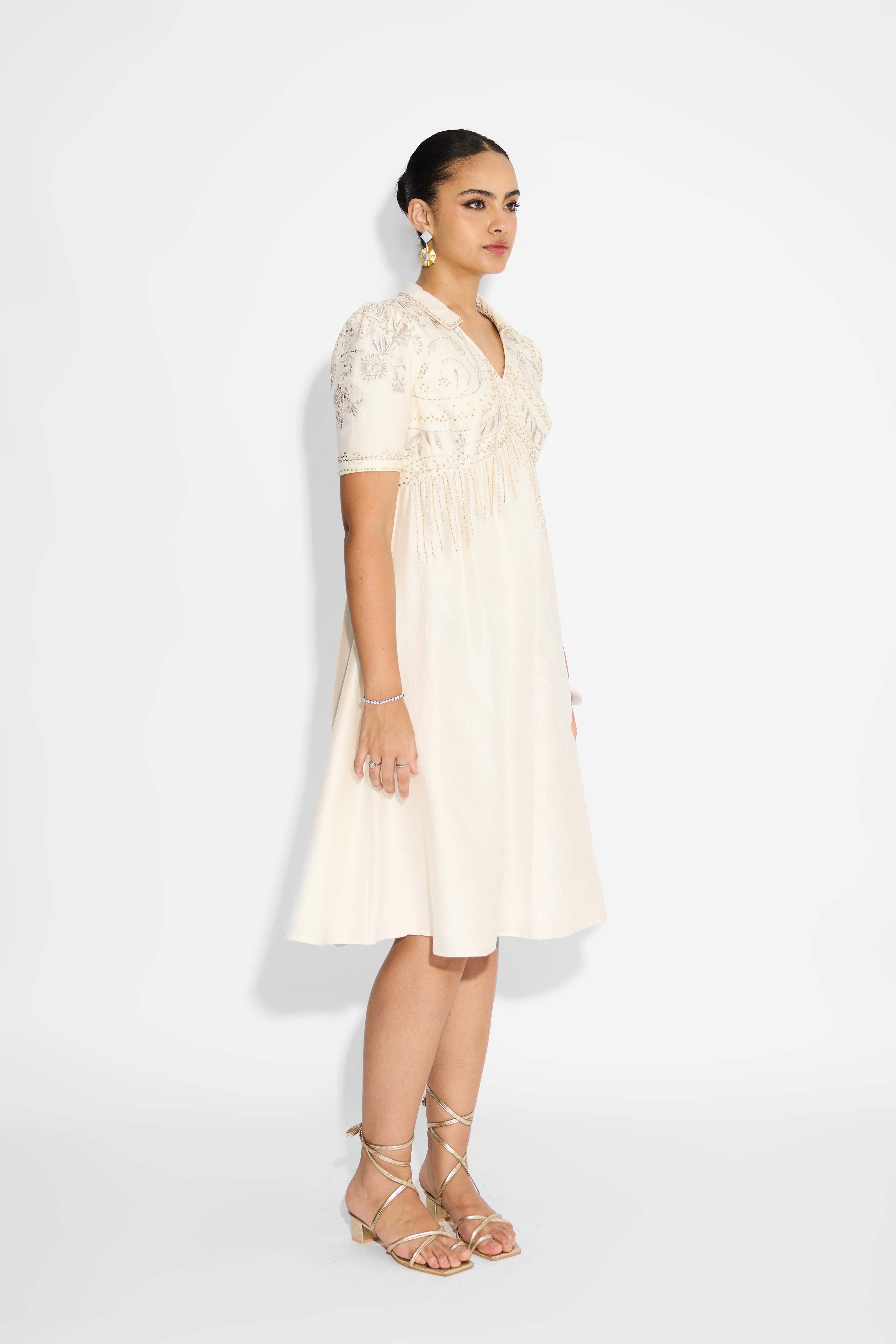 Gold Embellished Ivory Dress