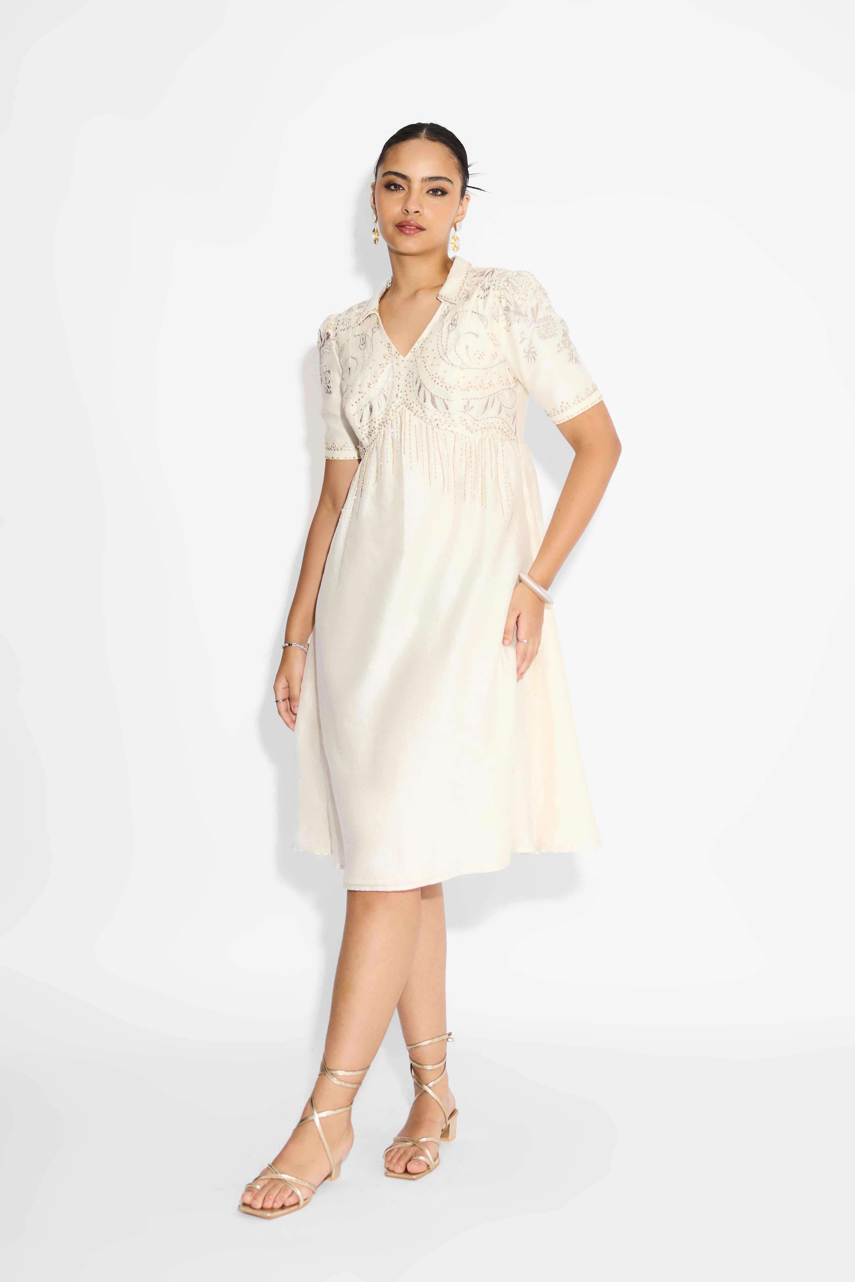 Gold Embellished Ivory Dress