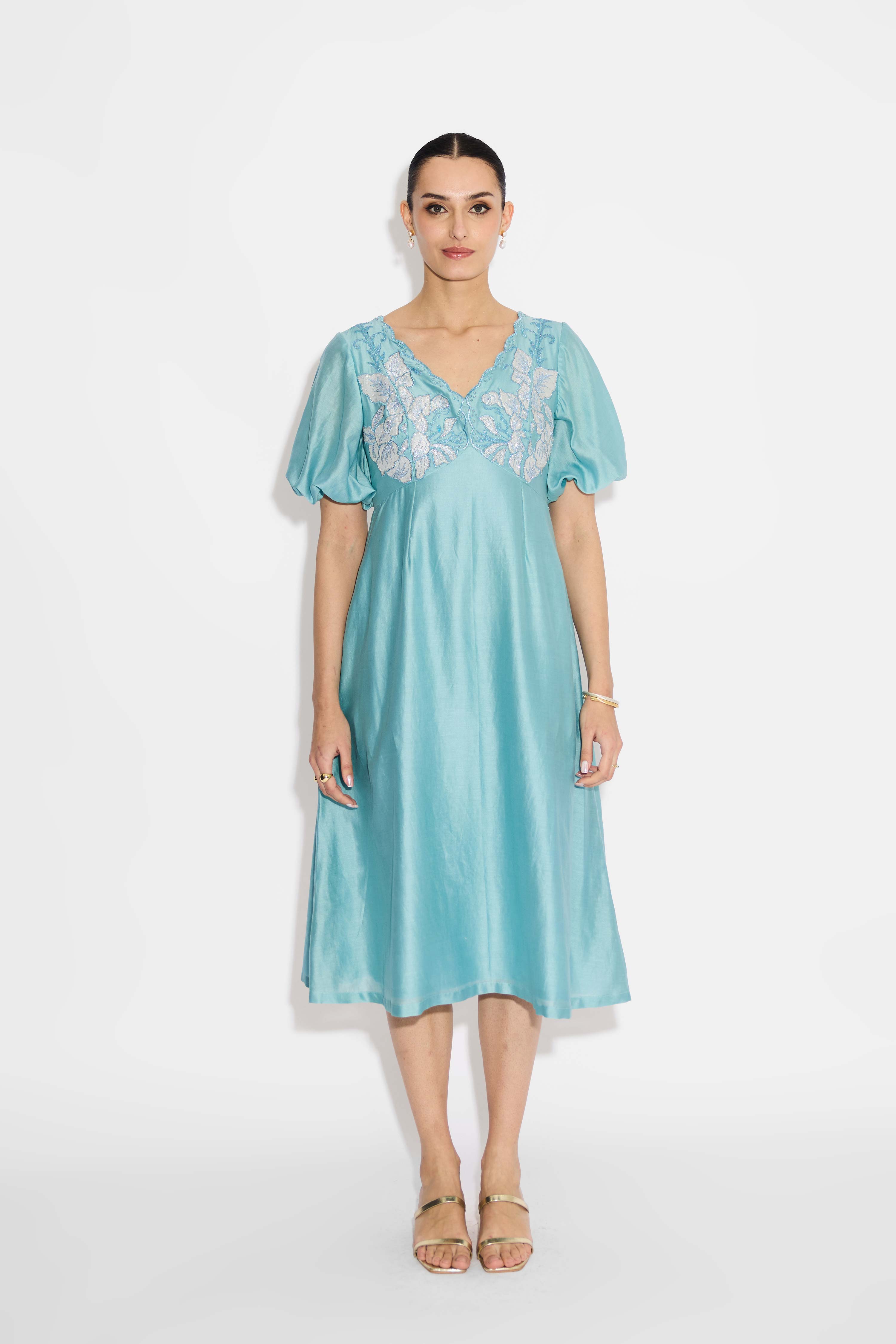 Silver Applique Embellished Aqua Dress