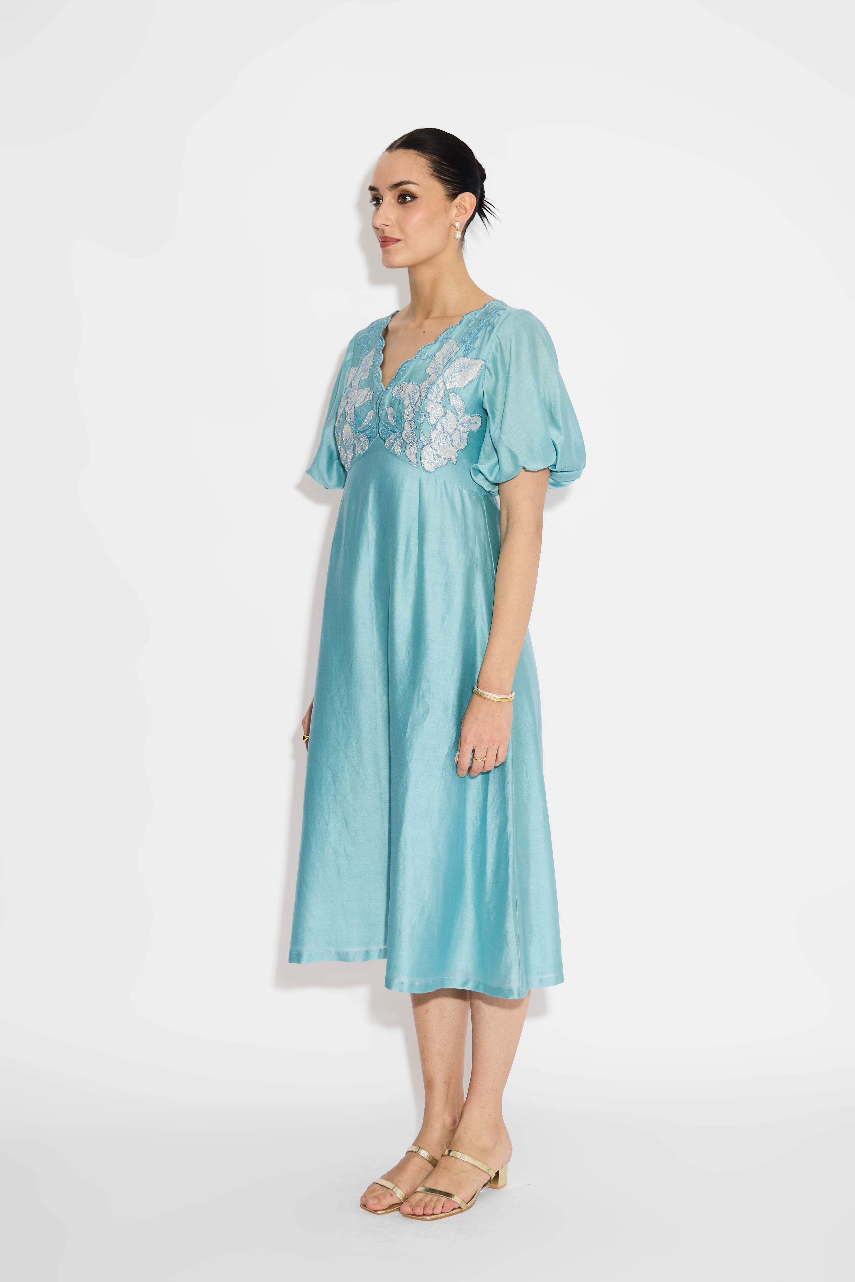 Silver Applique Embellished Aqua Dress