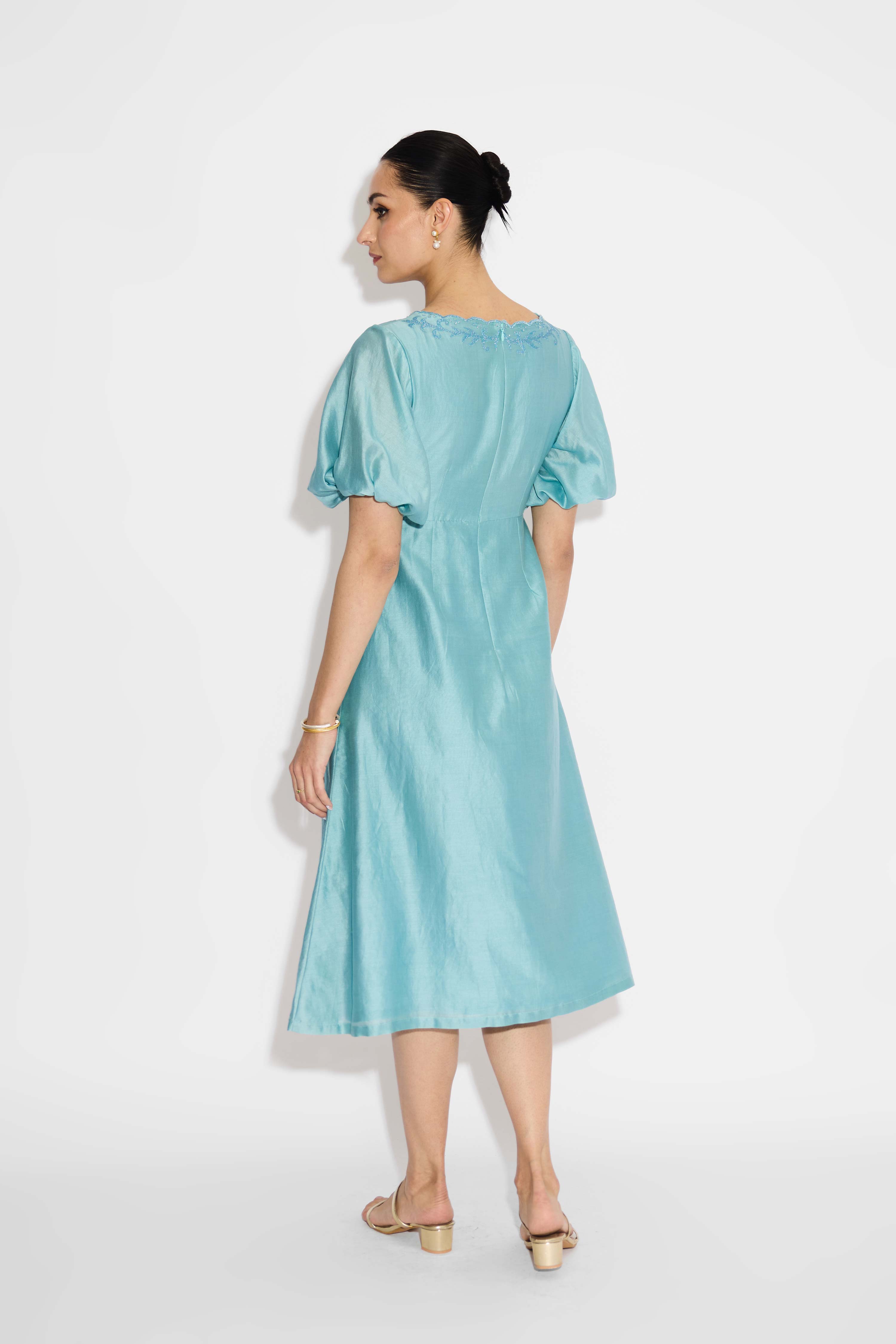 Silver Applique Embellished Aqua Dress