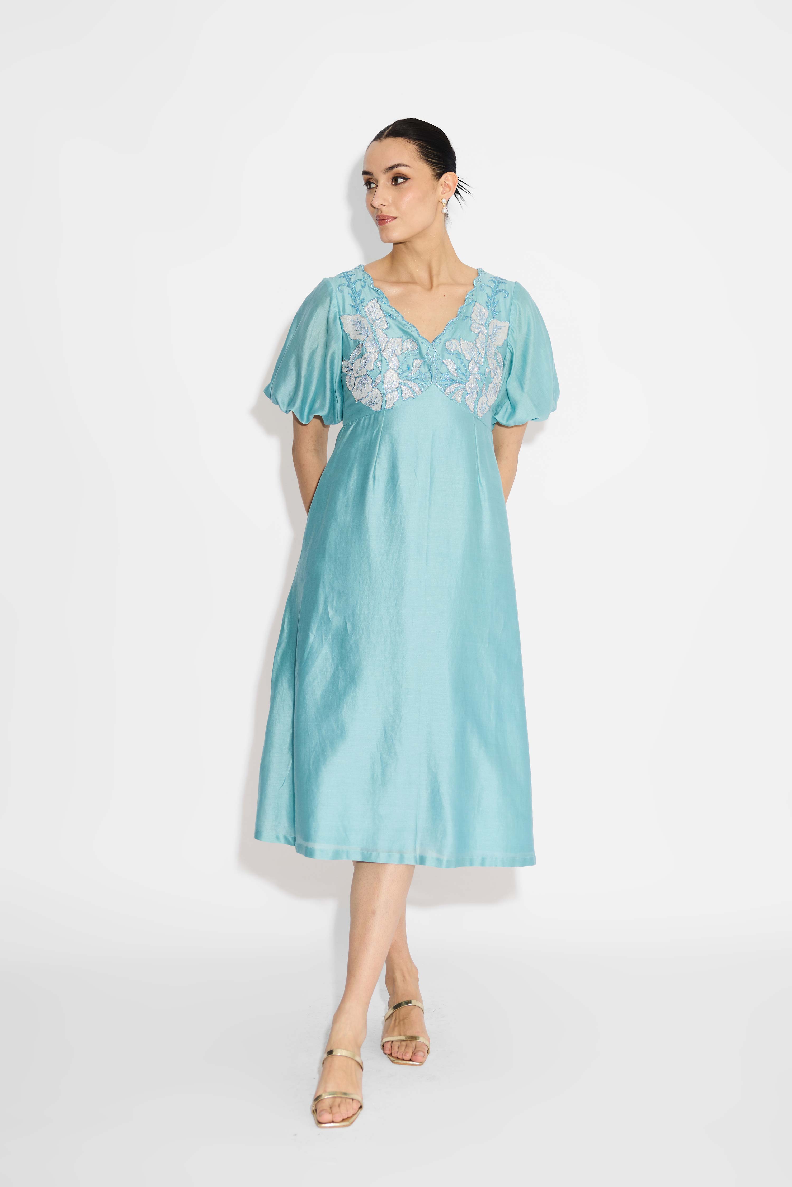 Silver Applique Embellished Aqua Dress
