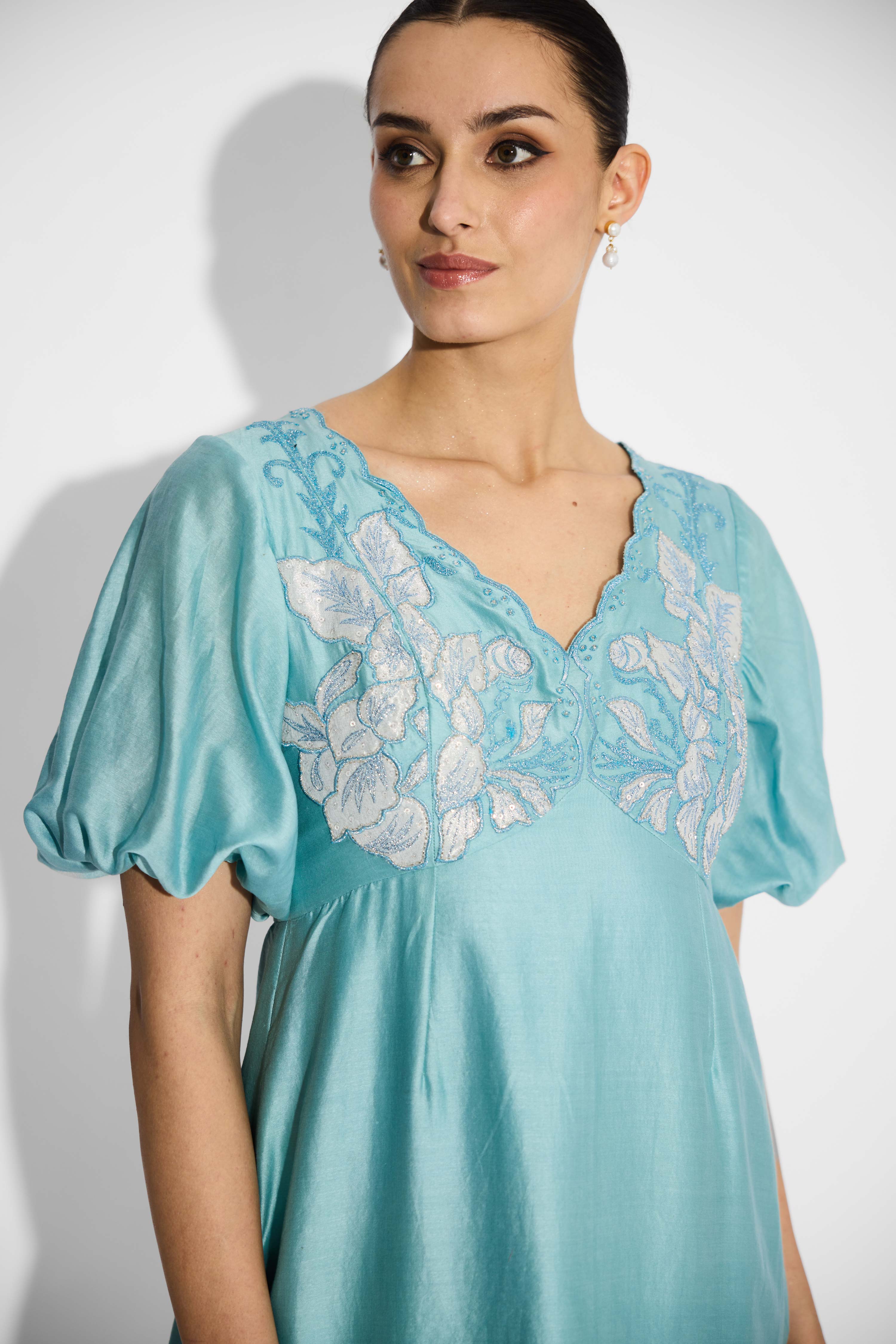 Silver Applique Embellished Aqua Dress