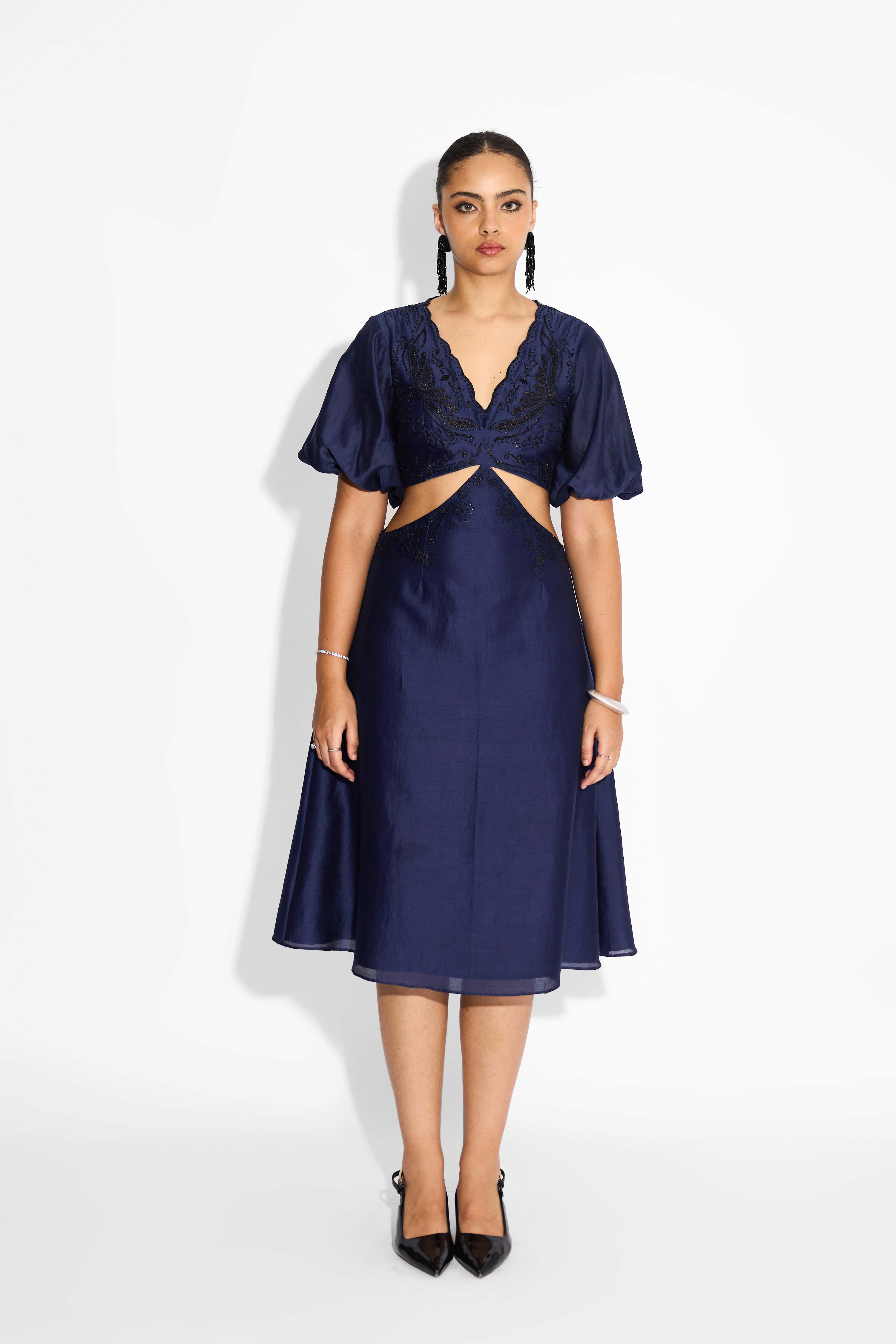 Navy Blue Embellished   Cut-Out Dress