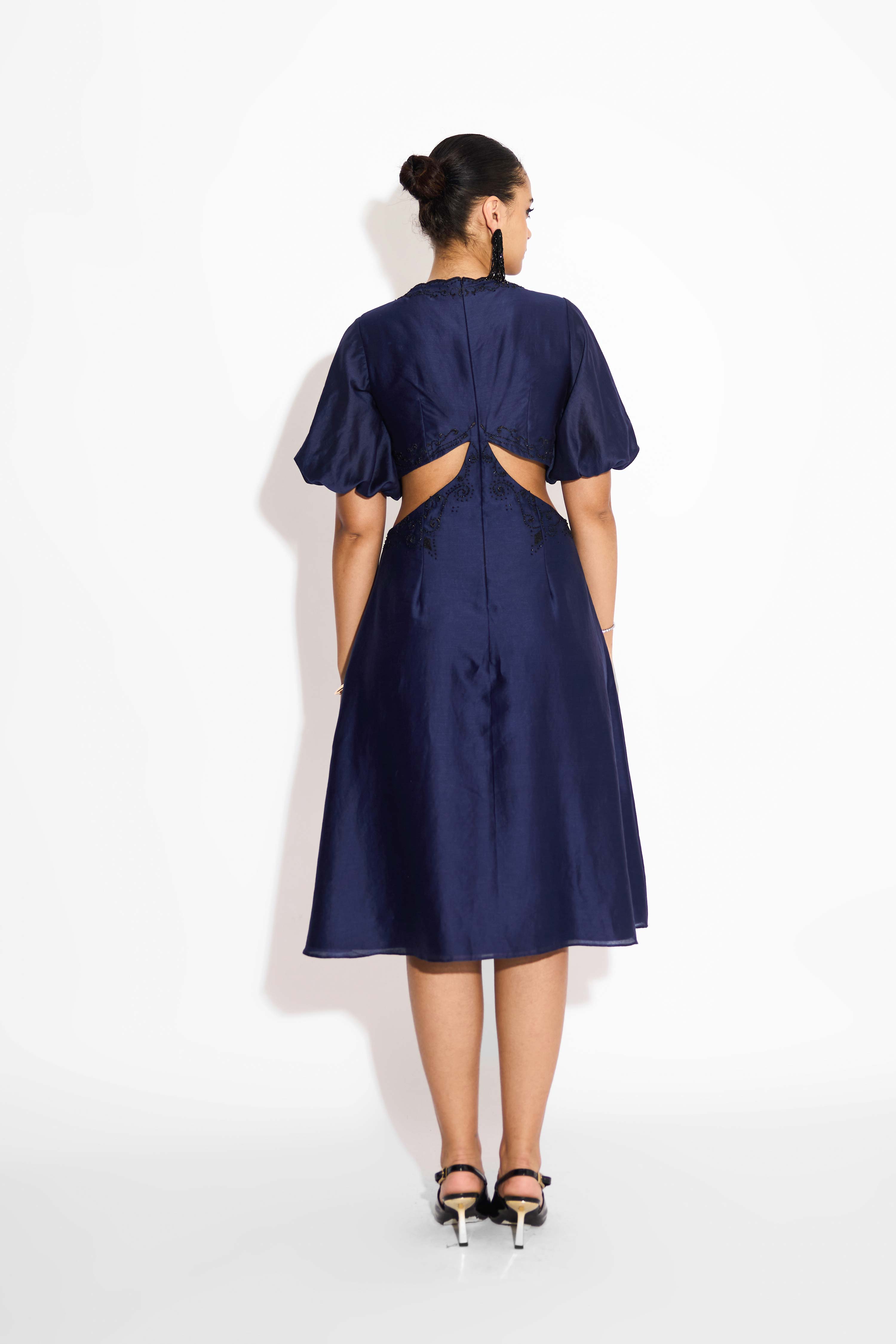 Navy Blue Embellished   Cut-Out Dress