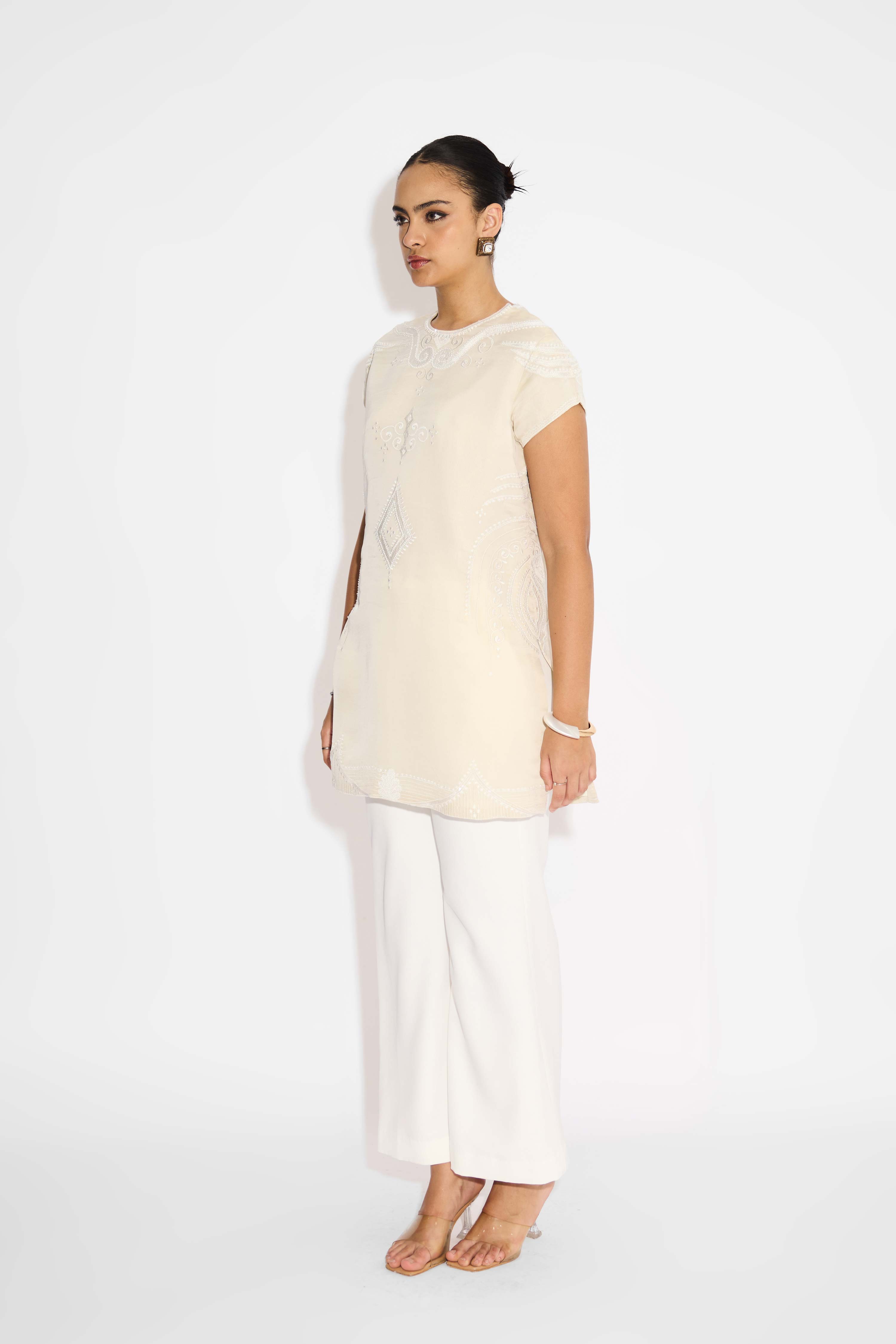 Tone On Tone Ivory Embellished  Short Kurta
