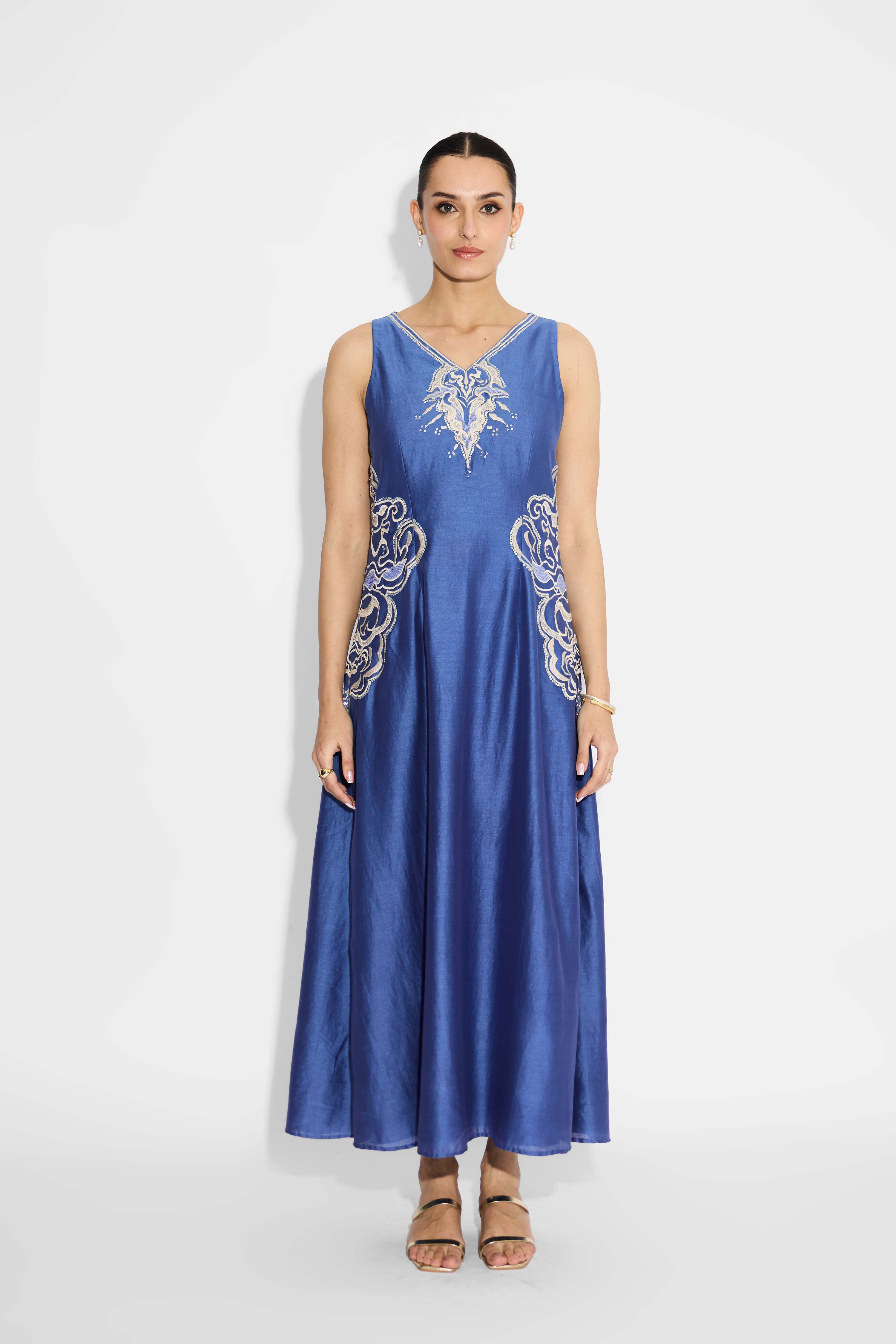 Silver Embellished Indigo Flare Dress