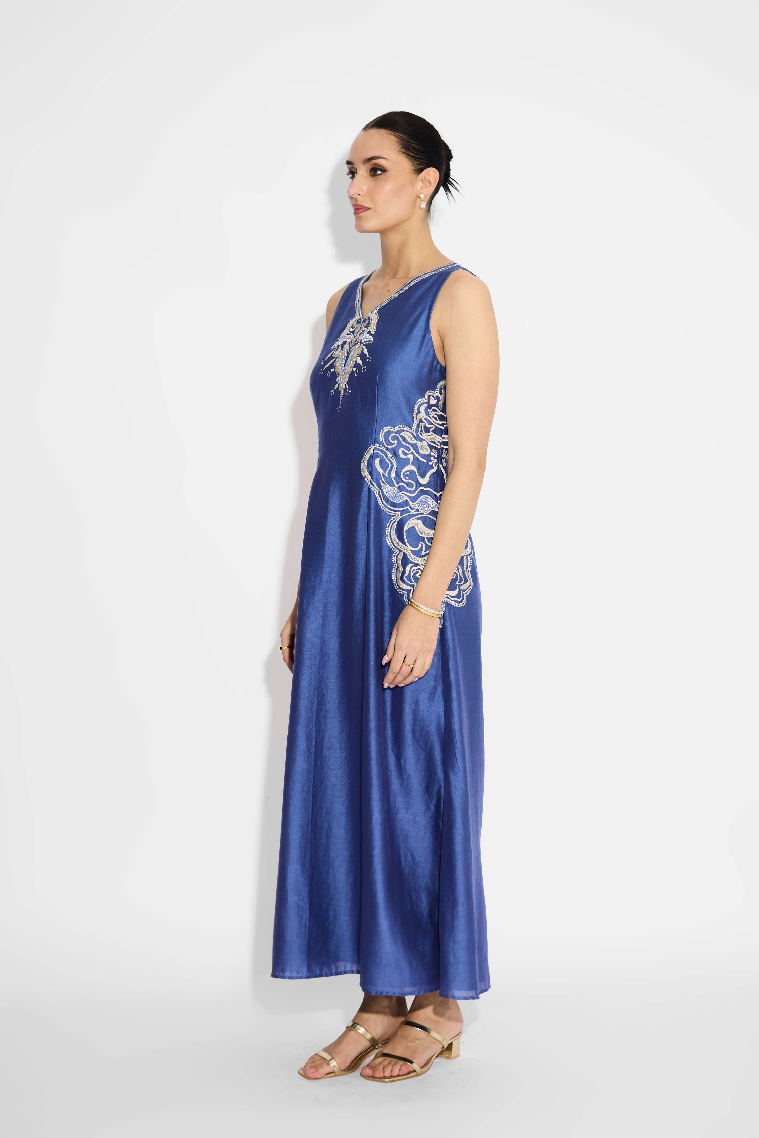 Silver Embellished Indigo Flare Dress
