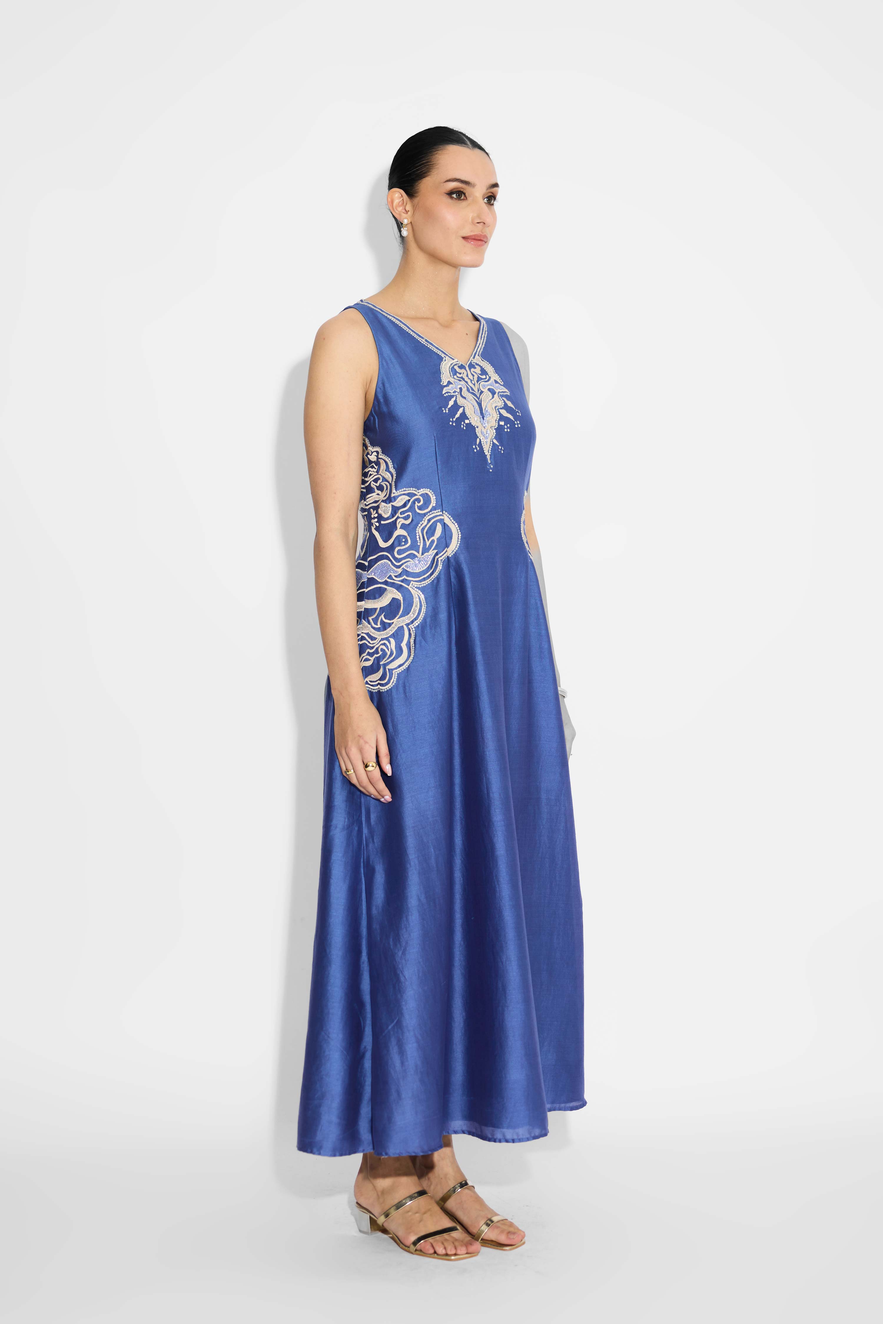 Silver Embellished Indigo Flare Dress