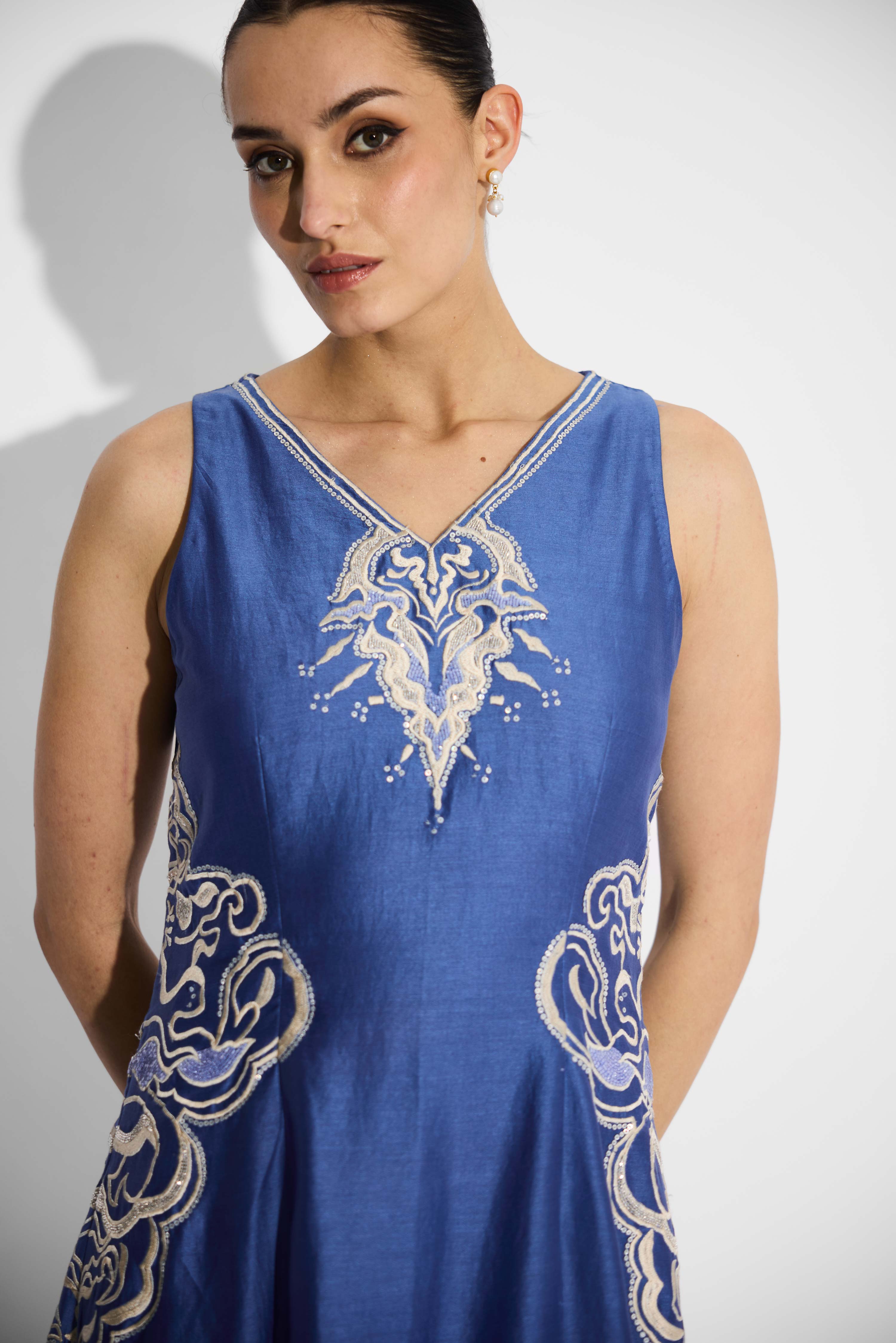 Silver Embellished Indigo Flare Dress