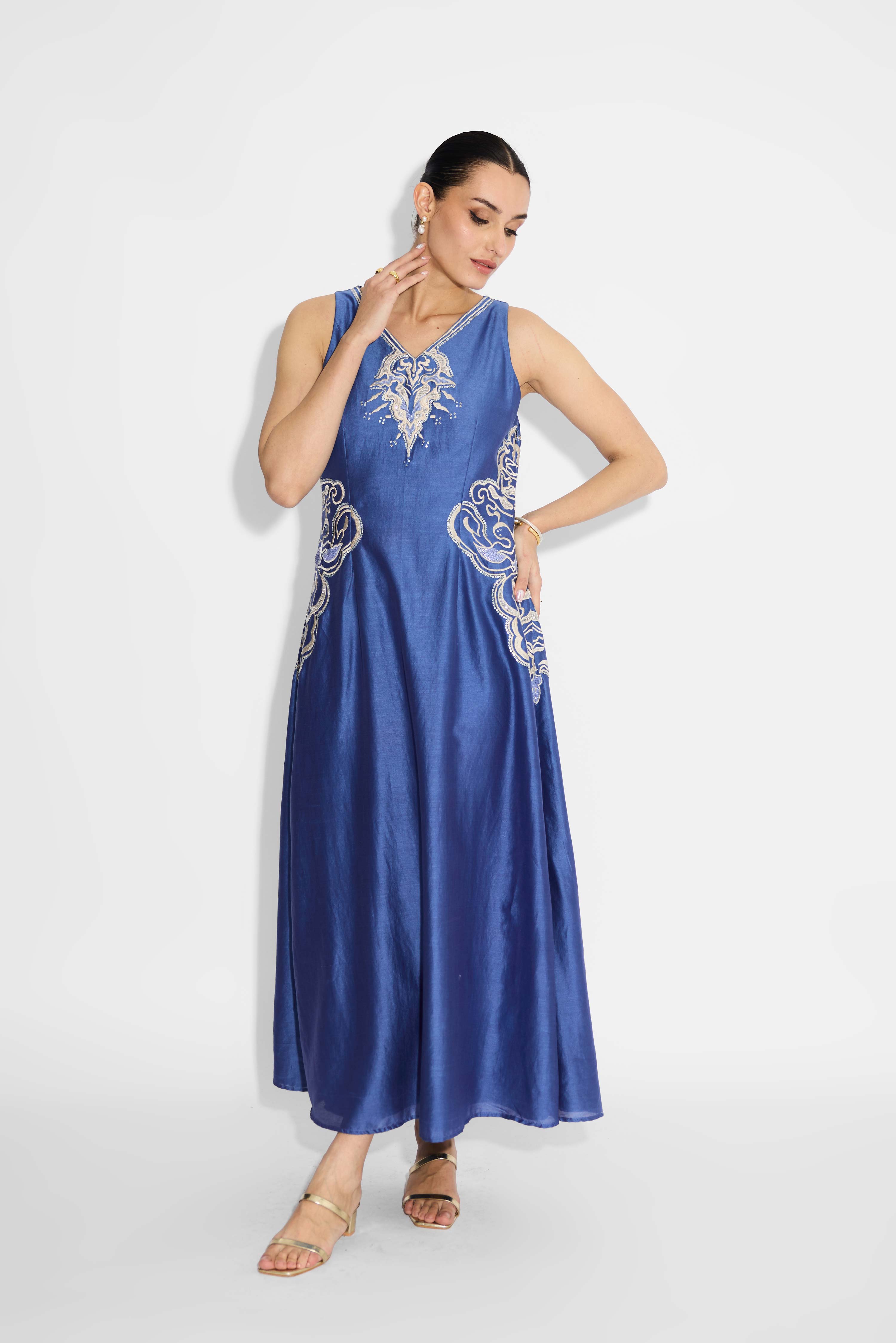 Silver Embellished Indigo Flare Dress