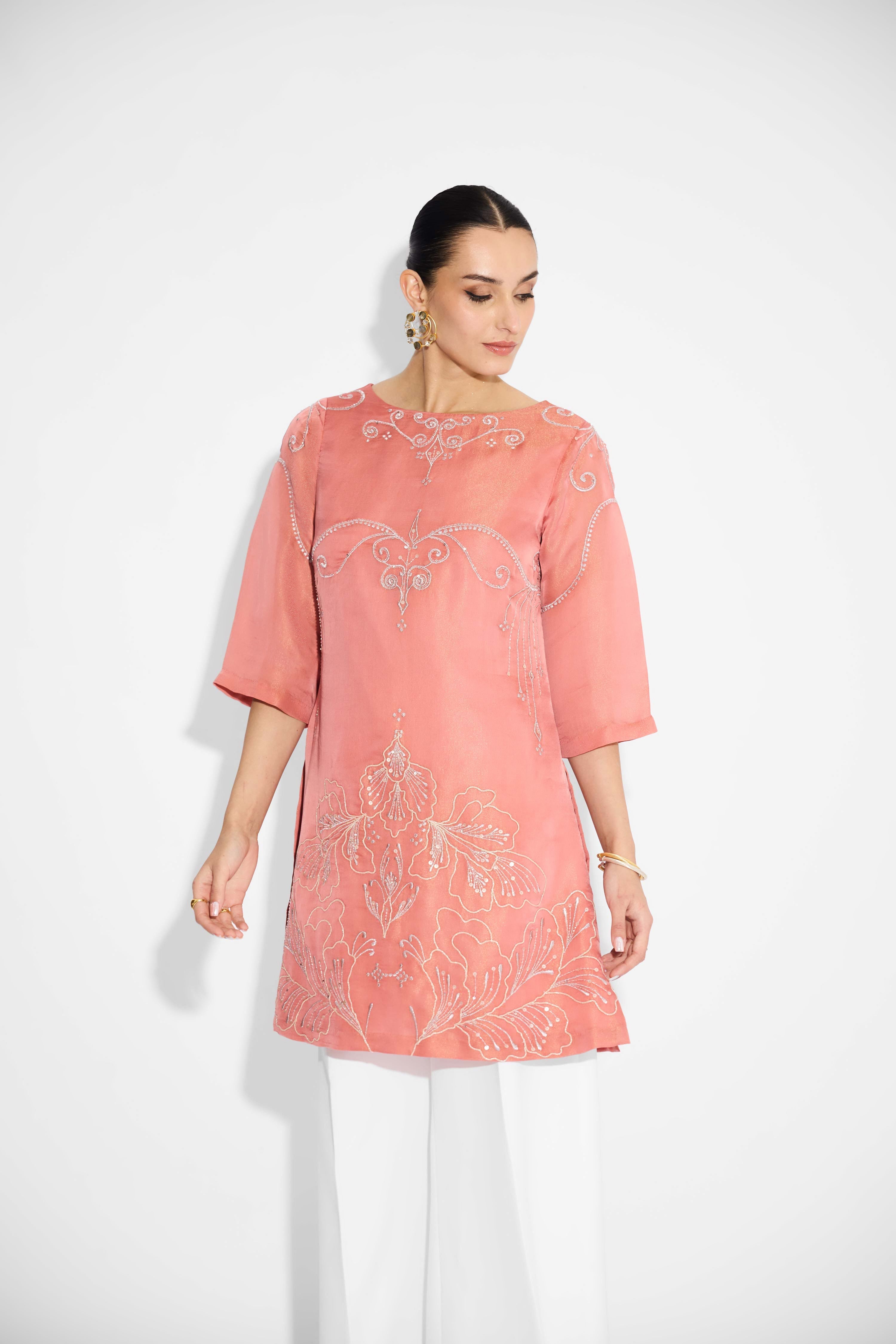 Peach Kurta With Silver Embellishment