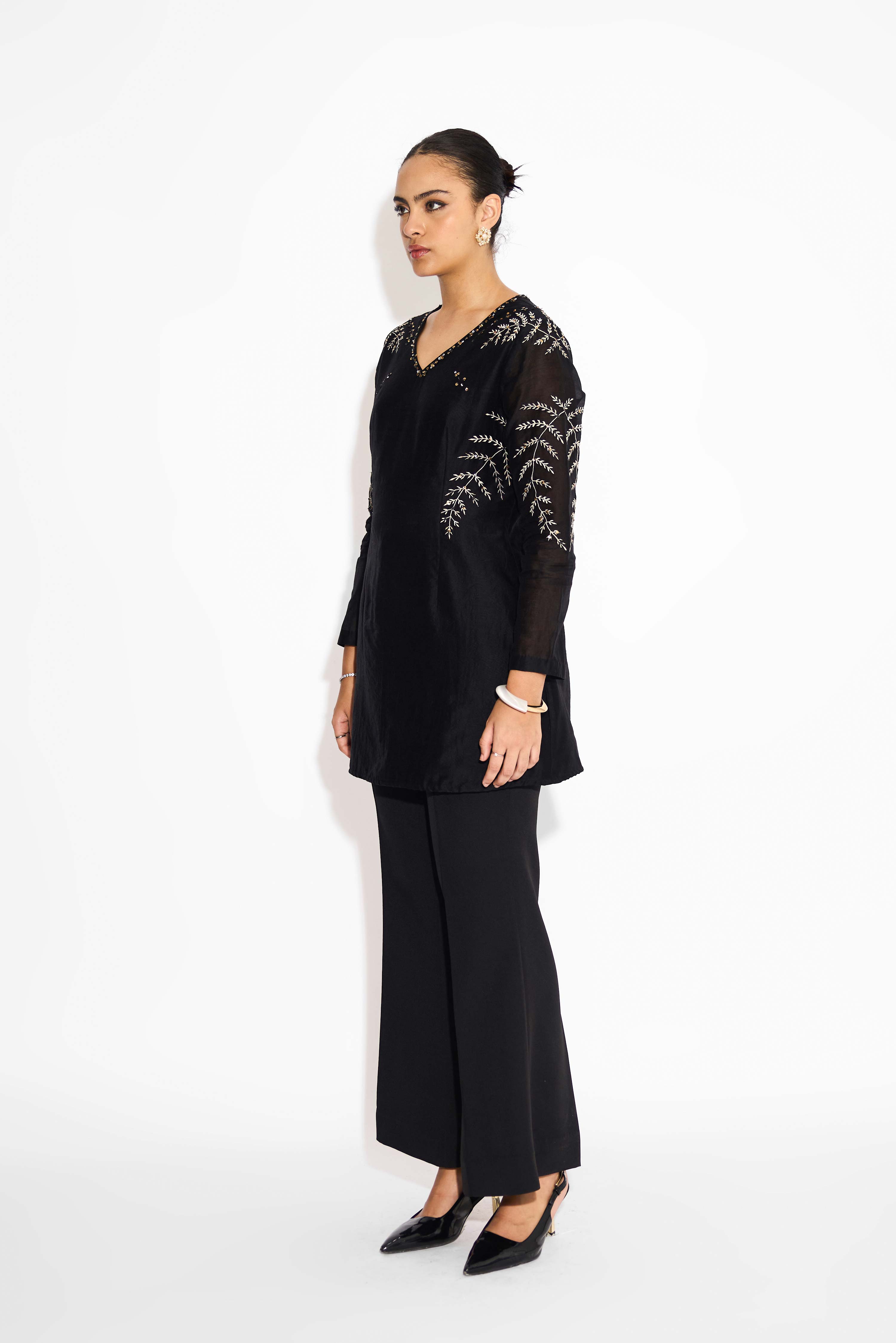 Black Short Kurta With Silver And Golden Embellishment