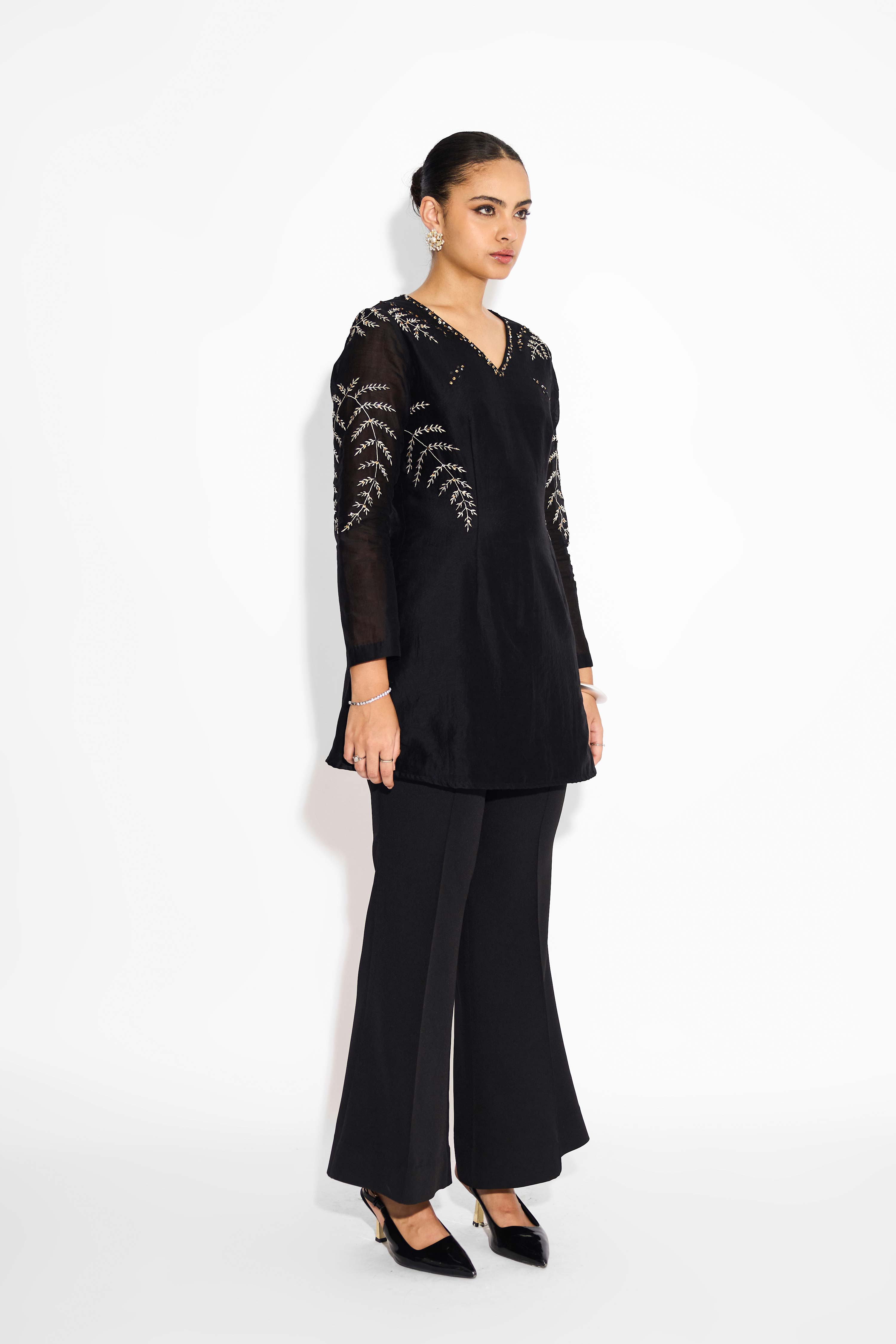 Black Short Kurta With Silver And Golden Embellishment